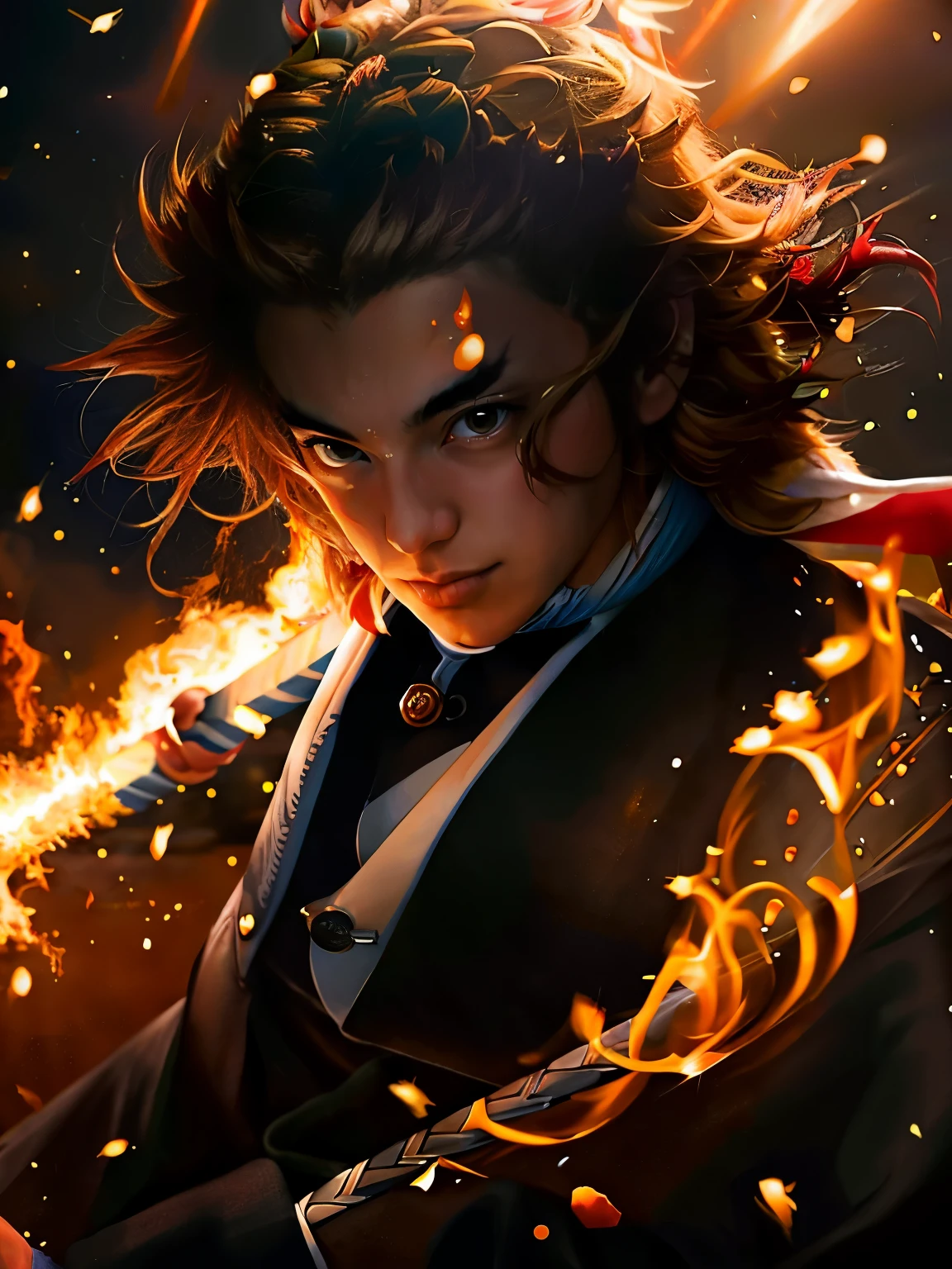 The image of Rengeshijuro in "Demon Slayer: (((Kimetsu no Yaiba)))" is vividly depicted. A masculine and brave man, ((((gold hair)))), wielding a sword ,The work uses delicate brushwork to show the majesty and heat of the fire pillar, immersing the viewer in a heroic and exciting atmosphere. Each stroke reflects the exquisite skills of a true artist and highlights the indomitable spirit of the Fire Pillar, which is deeply admired and moved. ", JRPG, , high contrast, cel shading