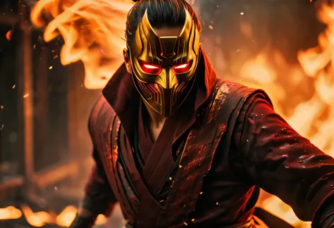 avengers 4:end game，sh4g0d风格赛博朋克武士从火焰中崛起，(cape mask:1.2),(strong dynamic stance:1.5)，(struggle:1.3)，(blood spatter)，strong，his f...