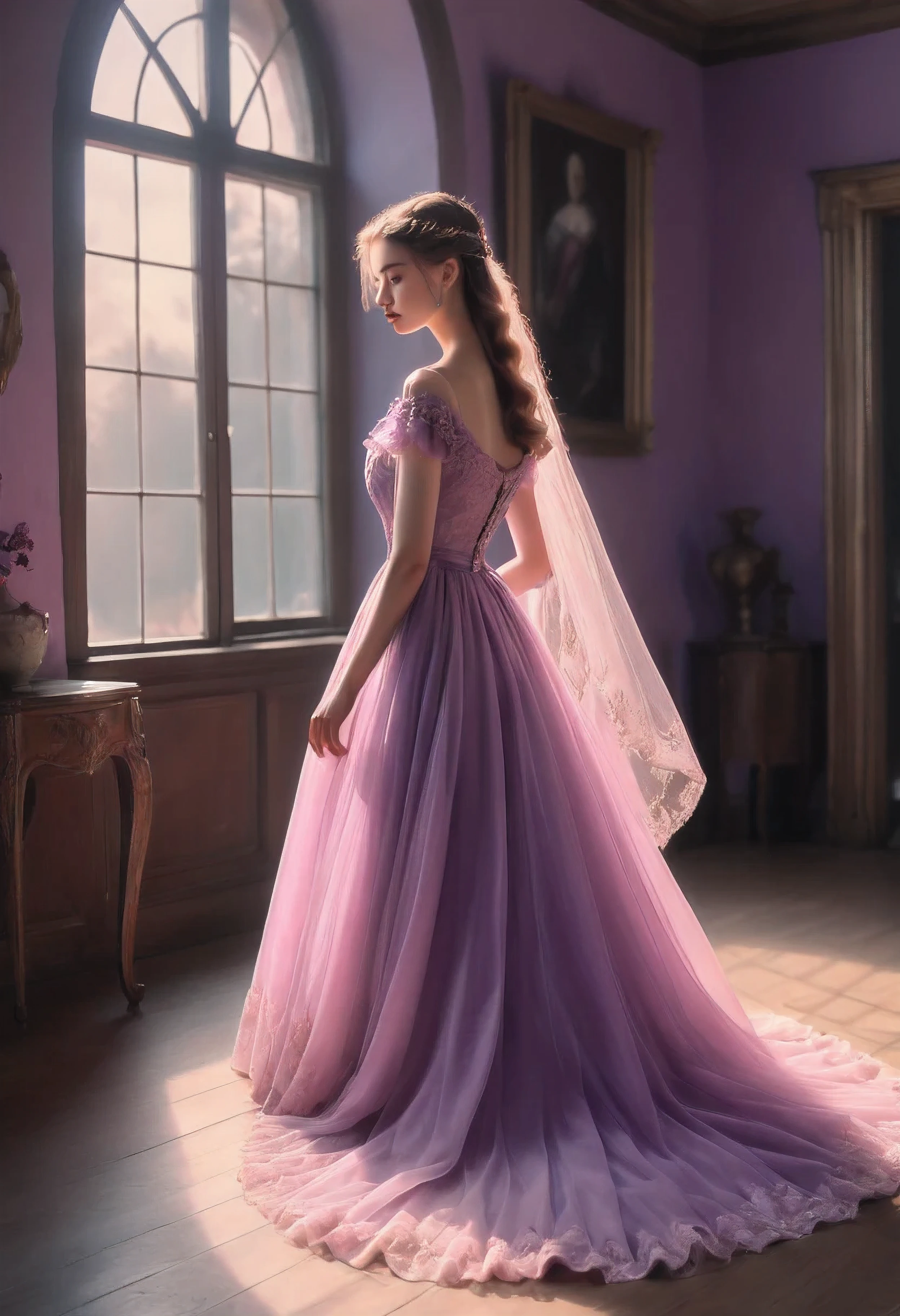 a woman in a purple dress standing in a room, a pastel by Josef Dande, tumblr, renaissance, magical dress, in long pink or violet dresses, garbed in a purple gown, purple dress, very magical and dreamy, beautiful dress, dreamy ethereal vibe, fantasy dress, gown, dreamy style, tulle and lace, 🎀 🧟 🍓 🧚