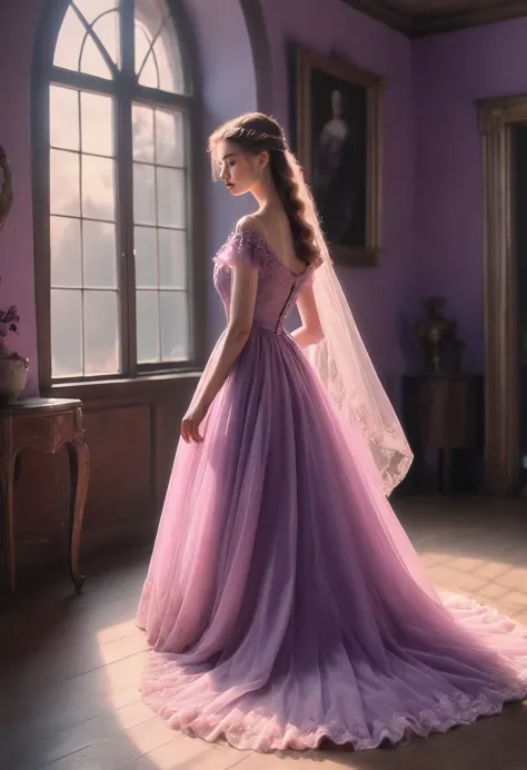 a woman in a purple dress standing in a room, a pastel by josef dande, tumblr, renaissance, magical dress, in long pink or viole...