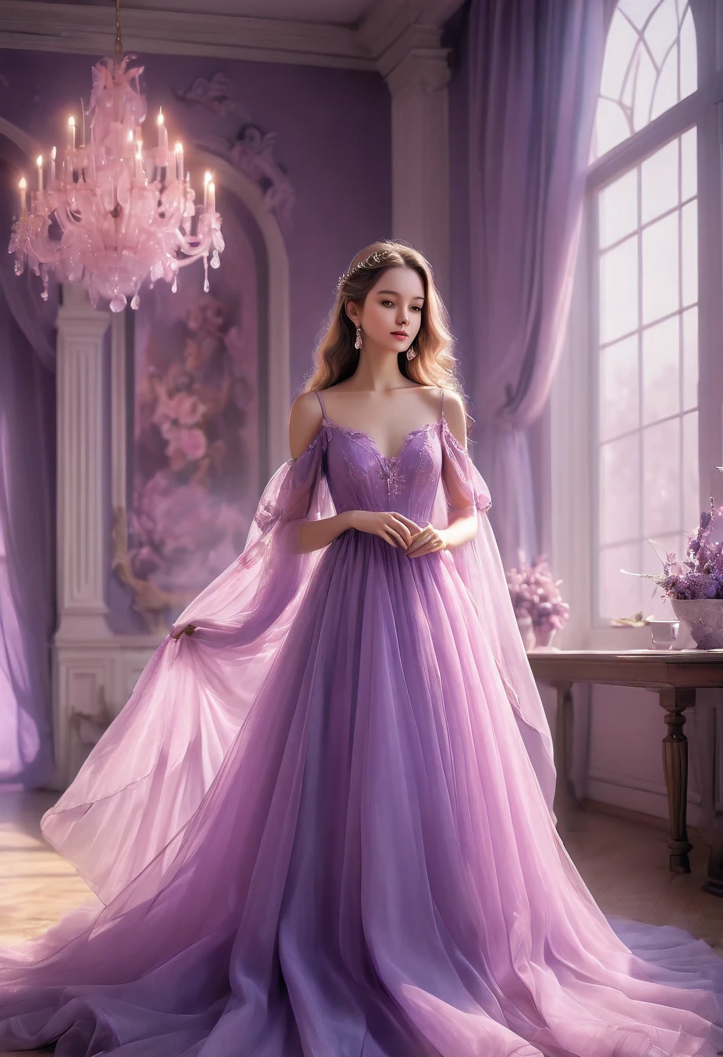 a woman in a purple dress standing in a room, magical dress, in long pink or violet dresses, garbed in a purple gown, purple dress, very magical and dreamy, beautiful dress, dreamy ethereal vibe, fantasy dress, gown, dreamy style, tulle and lace, 🎀 🧟 🍓 🧚, romantic dress, beautiful gown, stunning dress, dress