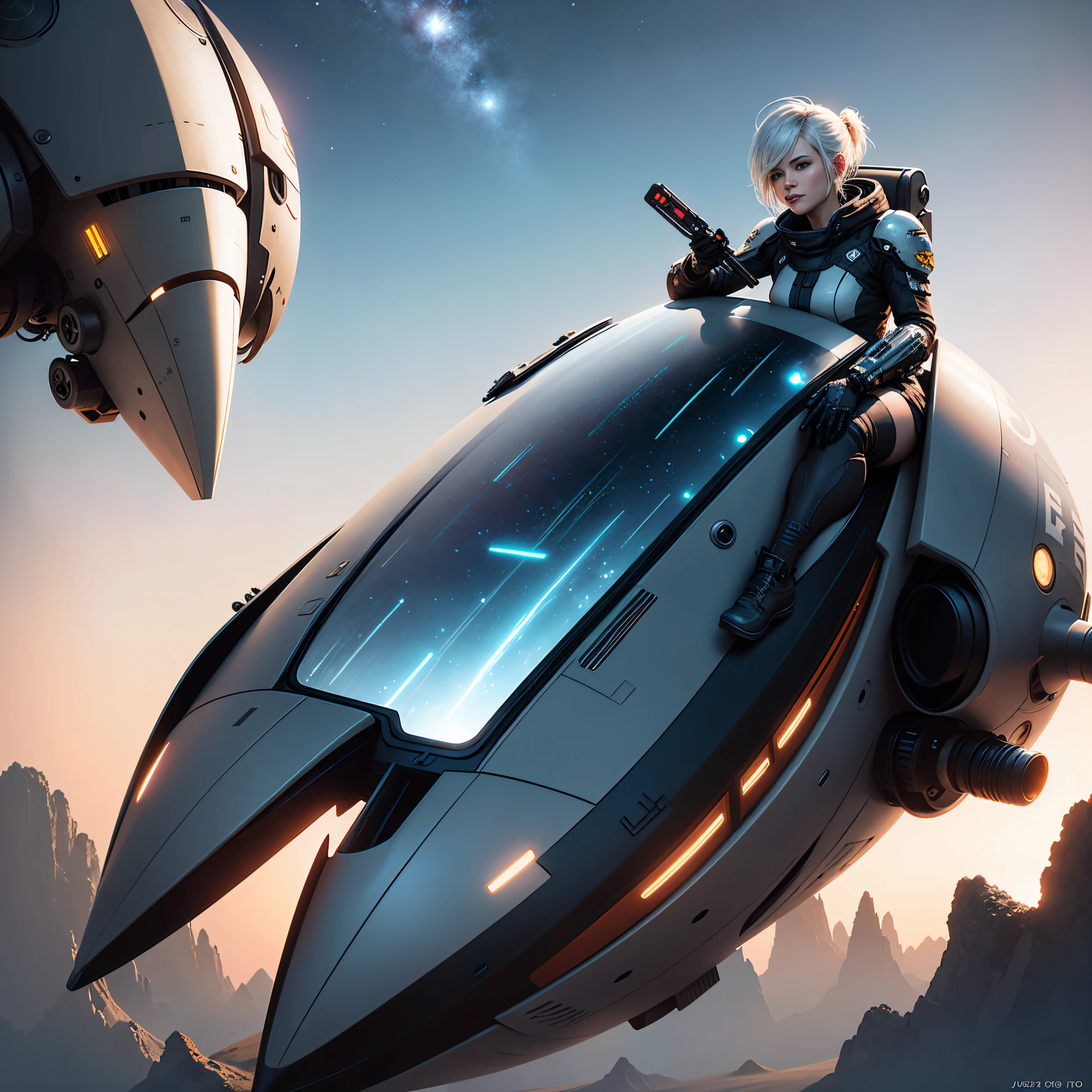 spaceship with a woman riding on the back of it in the sky, octane render sci - fi, ross tran 8 k, jessica rossier fantasy art, 3 d octane render conceptart, sci - fi pilot, nier automata spaceship style, octane cgsociety, flying scifi vehicle, cgsociety 8k, cgsociety 8 k, cgsociety 8k, star citizen digital art