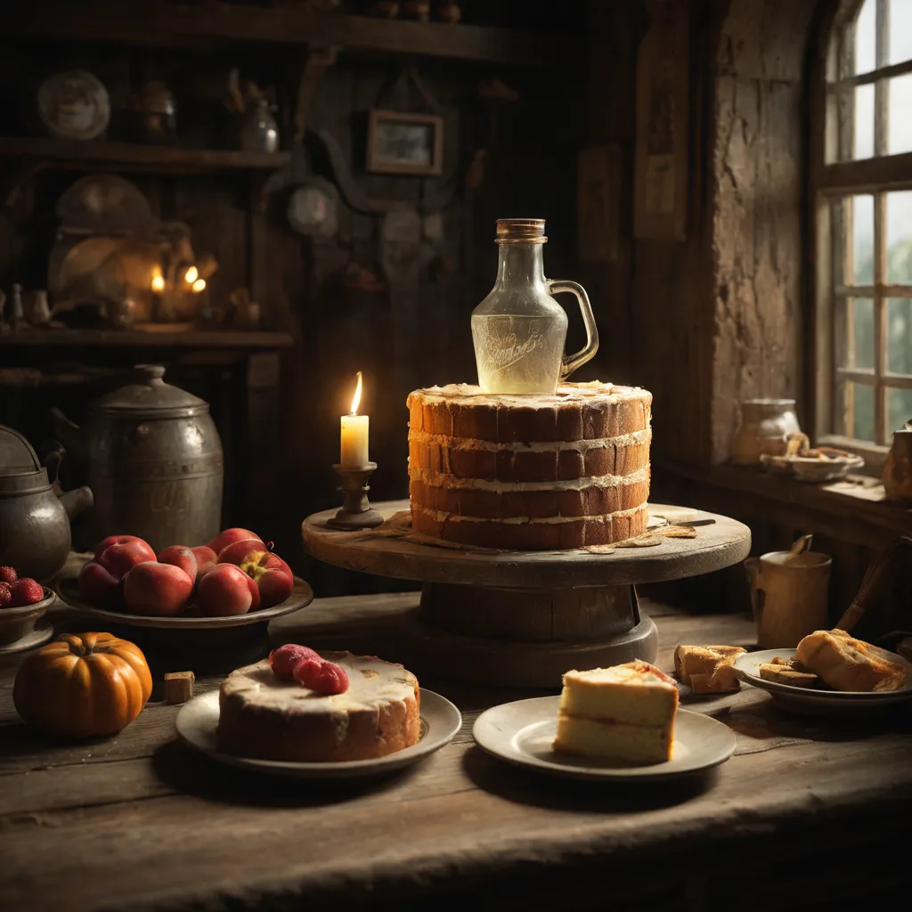 a rustic table . a festive treat in the village. a cake in the form of a moonshine still. lots of details. hyperrealism. a very ...