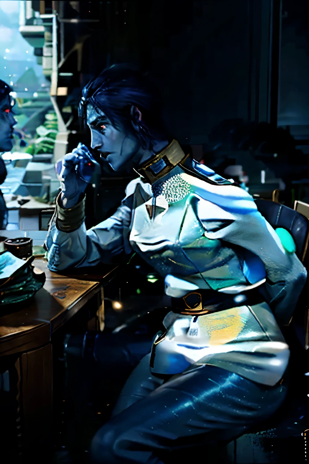 tall male blue long limbed elf in a navy uniform in a conference room, (male blue skin elf with short hair wearing a white admirals uniform), blue elf admiral sipping coffee while talking to other officers around a conference table, photo real, grand admiral thrawn style, (white admiral uniform), hyper realistic briefing scene with a window looking out to a starship, masterpiece, (window with a spaceship outside)