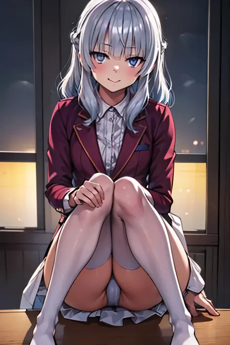 (table top: 1.3), (maximum resolution: 1.2), (Ultra HDTV: 1.2), cinematic light, 8K resolution, fine eyes and skin, detailed facial features, ,silver hair,white panties,semi-long,open your legs