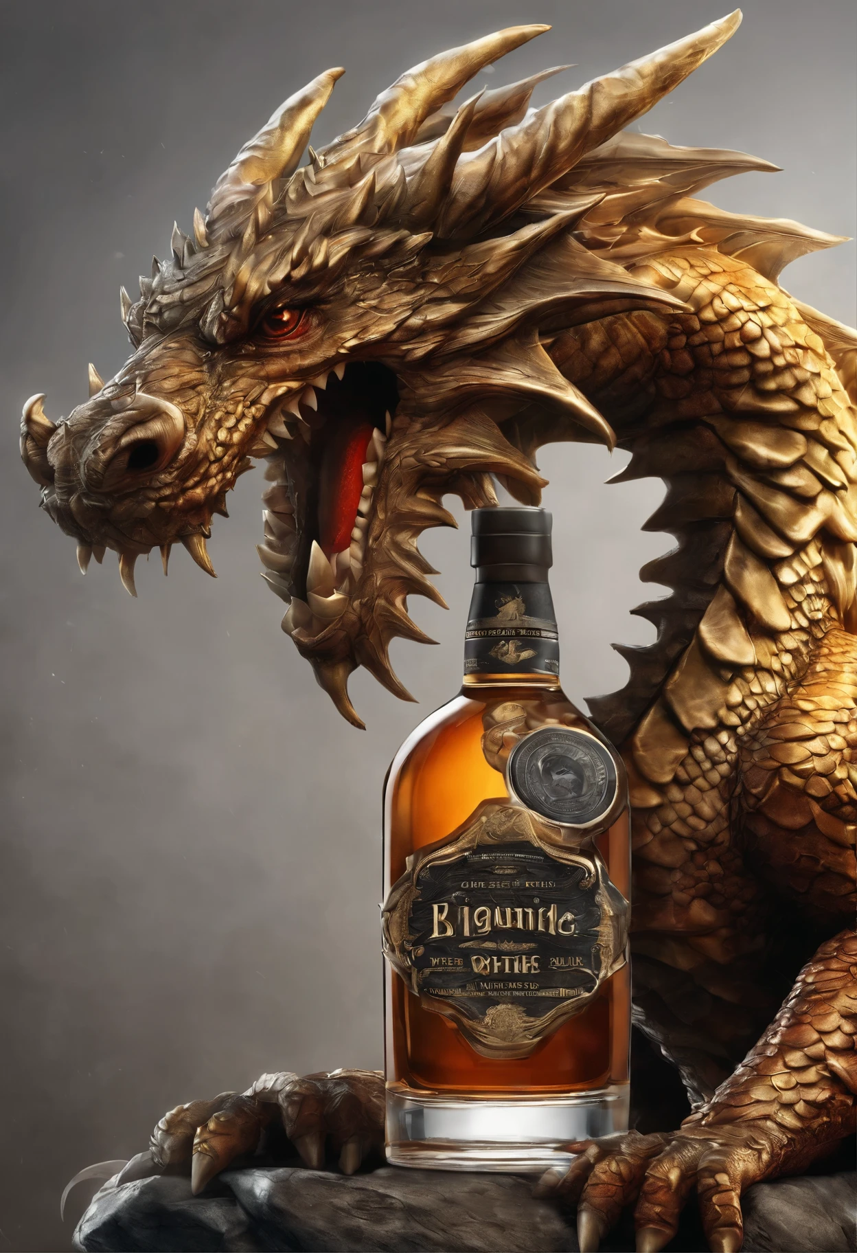 bottle of whisky with a dragon head on top, very fancy whiskey bottle, fancy whiskey bottle, hyper realistic ”, hyper realistic”, closeup portrait shot, infused with zerg hydralisk, stunning and rich detail, close up portrait shot, ultra realistic ”, ultra realistic”, whiskey bottle, portrait shot, photo taken of an epic intricate,