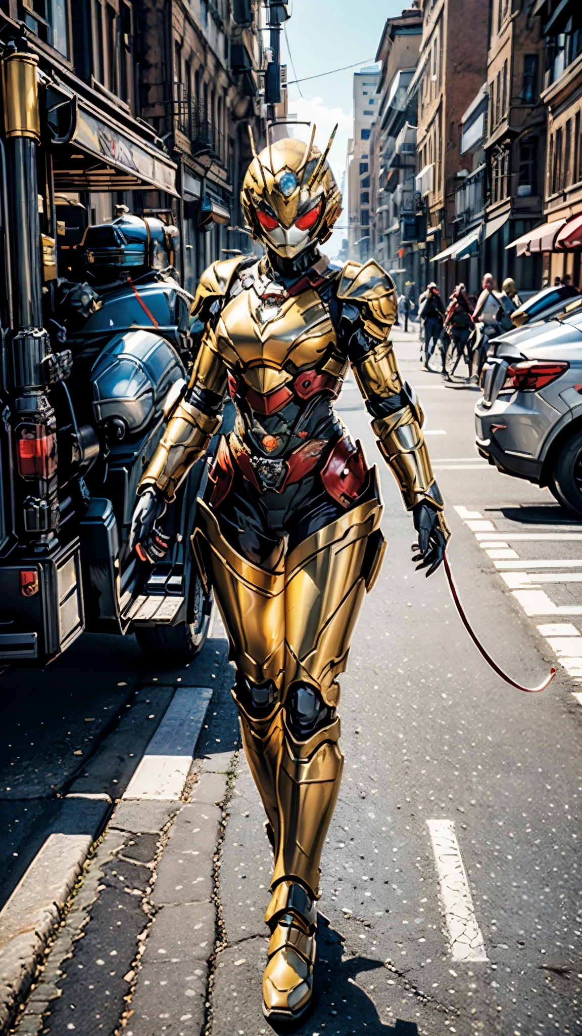 A woman adorned in fantasy-style full-body armor, a crown-concept fully enclosed helmet that unveils only her eyes, a composite layered chest plate, fully encompassing shoulder and hand guards, a lightweight waist armor, form-fitting shin guards, the overall design is heavy-duty yet flexible, ((the armor gleams with a golden glow, complemented by red and blue accents)), exhibiting a noble aura, she floats above a fantasy-surreal high-tech city, this character embodies a finely crafted fantasy-surreal style armored hero in anime style, exquisite and mature manga art style, (mixture of Queen bee and Spider concept Armor, plasma, blood), ((Element, energy, elegant, goddess, femminine:1.5)), metallic, high definition, best quality, highres, ultra-detailed, ultra-fine painting, extremely delicate, professional, anatomically correct, symmetrical face, extremely detailed eyes and face, high quality eyes, creativity, RAW photo, UHD, 32k, Natural light, cinematic lighting, masterpiece-anatomy-perfect, masterpiece:1.5