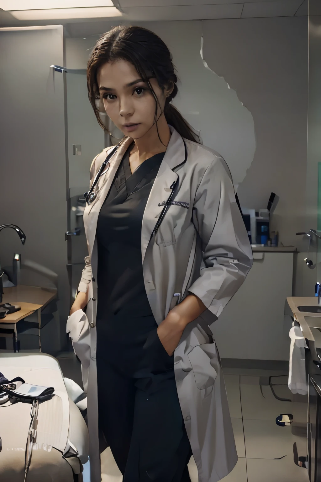 female doctor in an exam room with an alien patient, photo realistic, hyper realistic exam room, military female doctor, tired female doctor examining an alien patient, futuristic medical scene