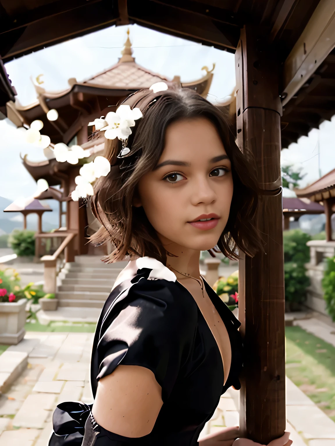 Foto de jortega com um vestido birmanês, Ultra-detalhado, Olhos castanhos, sardas, corte de cabelo bob reverso, cabelo castanho, elegante, in a pagoda, CRU, 4K, Capturado pela câmera Panavision Panaflex Platinum com lente esférica Panavision Primo Primes 75mm T1.9