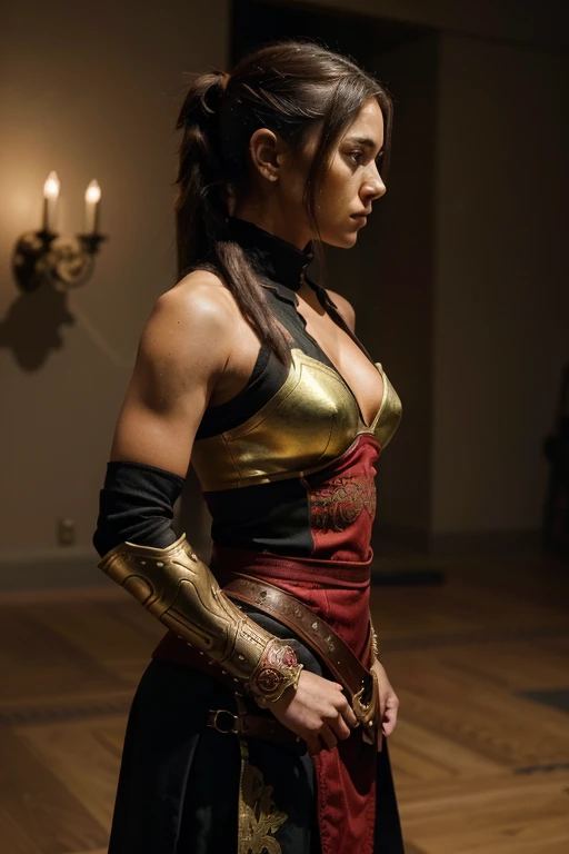 The image captures a poised figure of martial elegance. Dominated by a palette of black, red, and gold, the female warrior stands with an air of readiness and seriousness. Adorned in intricately detailed armor with red accents, she conveys a sense of strength and determination. Her hairstyle features a ponytail, suggesting both grace and combat-readiness, reinforcing the overall impression of a skilled and fearless fighter ready for any challenge.