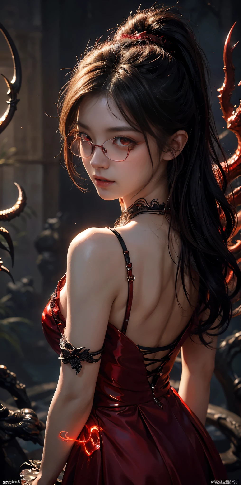 (The best illustrations)、realisitic、ultra-detailliert、The best lighting、Best Shadows、alluring succubus, ethereal beauty, perched on a cloud, (fantasy illustration:1.3), enchanting gaze, captivating pose, delicate wings, otherworldly charm, mystical sky, (Luis Royo:1.2), (Yoshitaka Amano:1.1), Dungeon and Dragon、caves、Dungeon、 A Necromancer、natta、Dark style、Succubus、Devil's Daughter、Bat Wings，(((Demon Hornlack-rimmed round glasses))))、(red eyes glowing:1.6)、​beautiful countenance、Tindall Effect、(High Detail Skins:1.2) absurderes、Ponytail distortion、jewely、Beautiful expression、Toned waist、Wide buttocks、Tindall Effectmasuter piece、top-quality、Highest Standards、Top image quality、masutepiece、intricate detailes、High resolution、Depth Field、natural soft light、profetional lighting、Great smile、(High Detail Skin: 1.2)、photorealistic anime girl render、Strong highlights of the eyes、Perfect Anatomy、crotch open、Shy、Spreading your legs、Panties are visible、Skirt flipping、Body shiny with oilerectile nipple))、8K resolution、intricate clothing、Intricate details