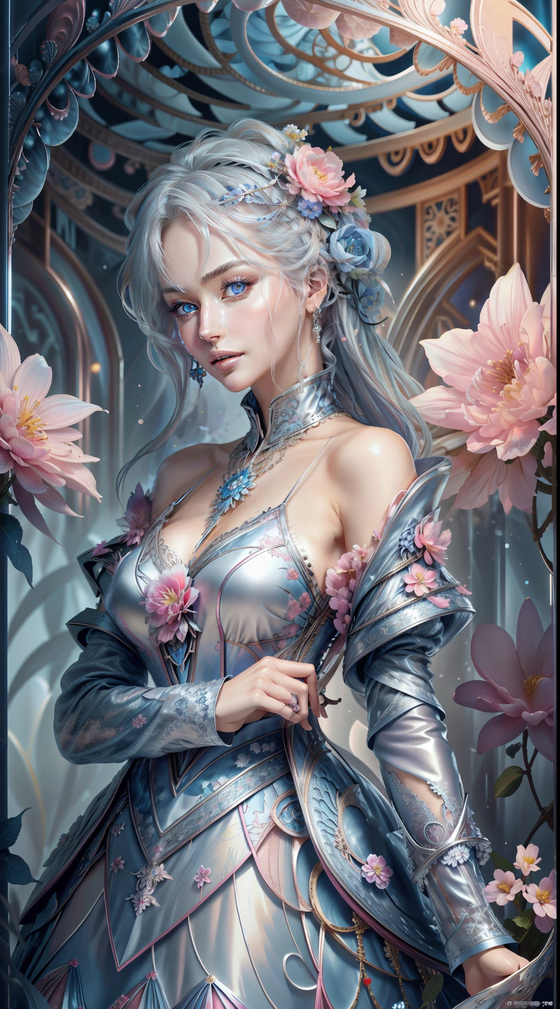 Beautiful lady , wonderful blue eyes, silver hair, pink lips, jacket cover her shoulderasterpiece, Top Quality, Best Quality, Official Art, Beautiful and Aesthetic: 1.2), (1 Flower), Upper Body, Extremely Detailed, (Fractal Art: 1.3), Colorful, Most Detailed, wearing jacket cover arms and shoulders 