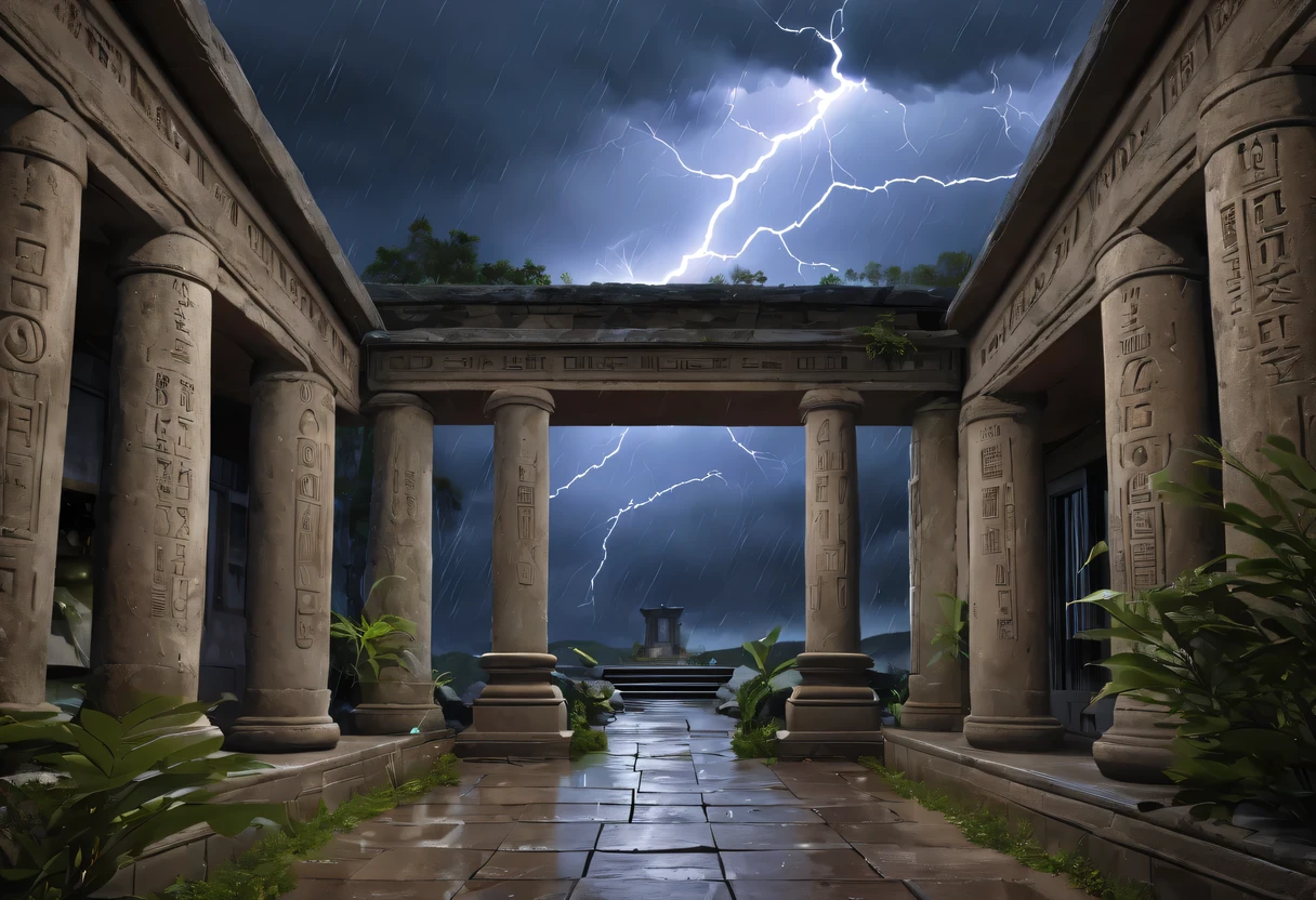 （best quality，4k，8k，high resolution，masterpiece：1.2），super detailed，（lifelike，lifelike，photorealism：1.37），A stormy night，thunder and lightning，Desolate landscape dotted with weathered stone pillars，arranged in the shape of a porch，Decorated with ancient alien inscriptions，Emits a faint blue light。