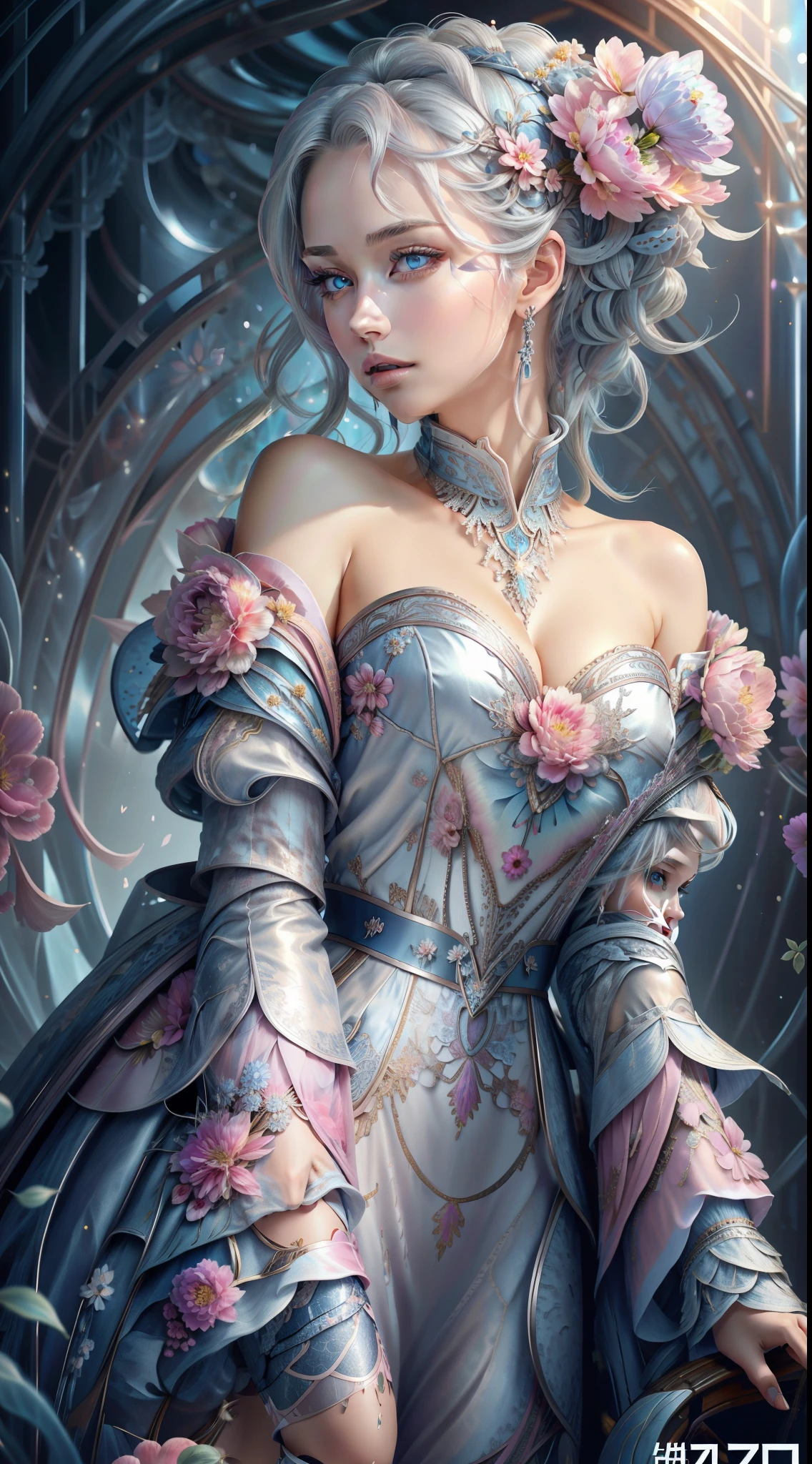 Beautiful lady , wonderful blue eyes, silver hair, pink lips, jacket cover her shoulderasterpiece, Top Quality, Best Quality, Official Art, Beautiful and Aesthetic: 1.2), (1 Flower), Upper Body, Extremely Detailed, (Fractal Art: 1.3), Colorful, Most Detailed, wearing jacket cover arms and shoulders 