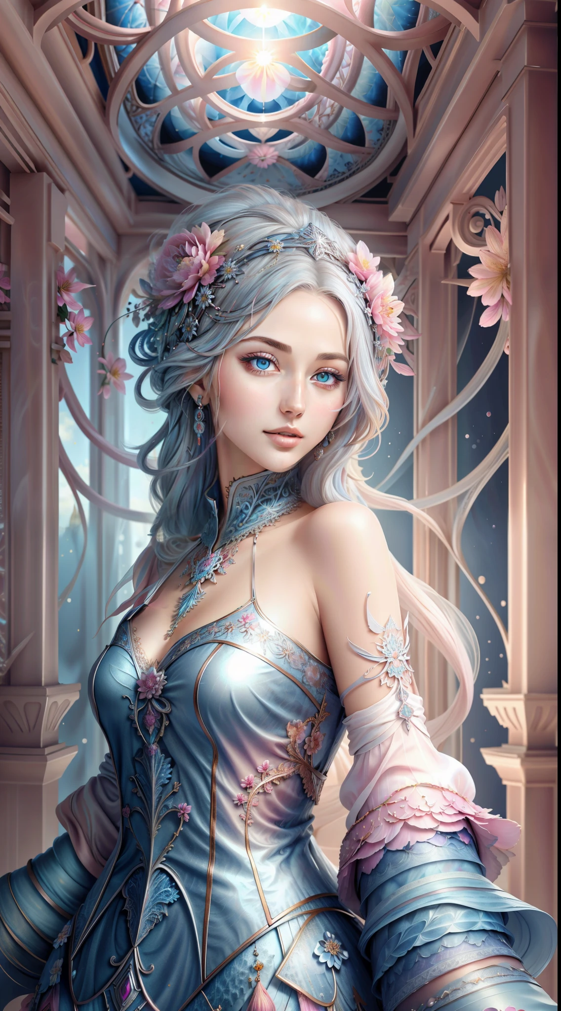 Beautiful lady with hijabi, wonderful blue eyes, silver hair, pink lipasterpiece, Top Quality, Best Quality, Official Art, Beautiful and Aesthetic: 1.2), (1 Flower), Upper Body, Extremely Detailed, (Fractal Art: 1.3), Colorful, Most Detailed