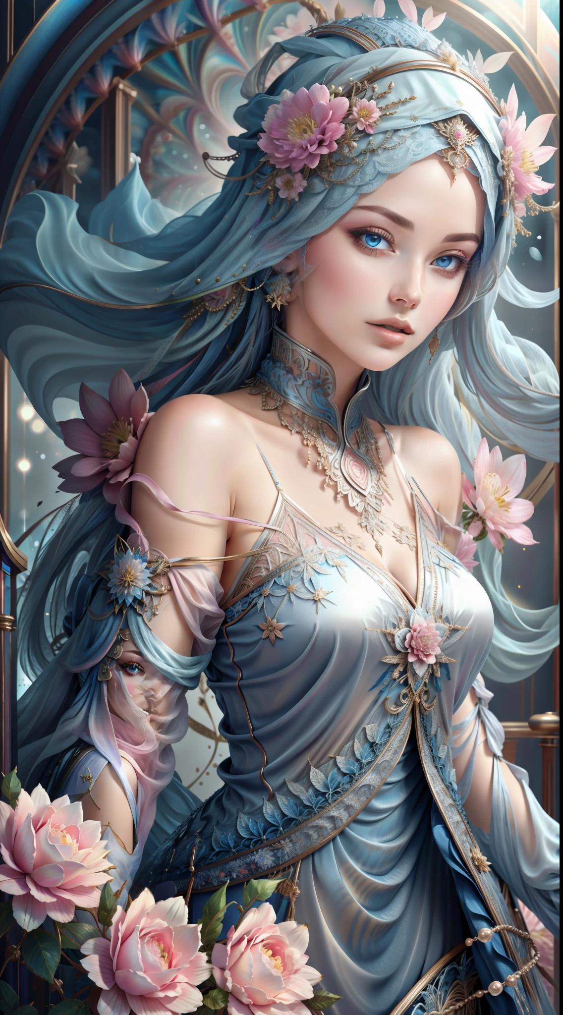 Beautiful lady with hijabi, wonderful blue eyes, silver hair, pink lipasterpiece, Top Quality, Best Quality, Official Art, Beautiful and Aesthetic: 1.2), (1 Flower), Upper Body, Extremely Detailed, (Fractal Art: 1.3), Colorful, Most Detailed