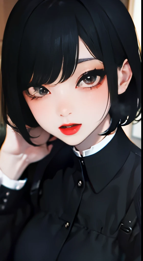 secretary、huge tit、BLACK color shortcut 、makeup、((sexy secretary)),((sweat,steam))、In front of the door、Bedroom entrance、Tongue licking、Detailed people、A detailed face、A detailed eye、Detailed background、bright red gloss slip、sexy lips、