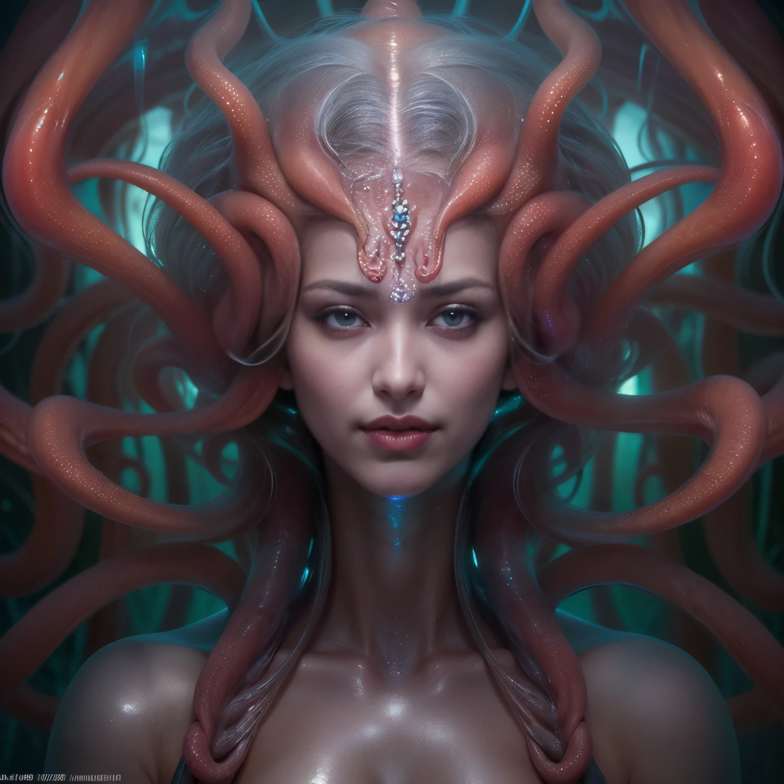 (1 beautiful and obscene female alien:1.4), (There is a female genital-like organ in the middle of her forehead:1.95), She has medusa-like hair, (there are lots of translucent white tentacles from her head like her hair:1.5), (vulgarity1.7), (she is looking down at viewers with glowing orange eyes with no pupils:1.6), (She has crystal clear skin:1.4),(She has the most beautiful face in the history of the universe:1.2), (She has multiple bioluminescent organs on the side of her tentacles:1.4), (Her body is covered with an iridescent exoskeleton:1.4), (She is showing her arm pits:1.6), an evil gaze that seduces, (looking down at viewers:1.4),(Vampire-like long canine teeth can be glimpsed through the gap between the cute lips:1.4) (bio luminescent:1.4), (Smile wickedly:1.3), (sexypose:1.4), alien, No humans, cells are fused, extraterrestrial, cell, bio image, ultra high resolution, (photos realistic:1.7), (Numerous award-winning masterpieces, with incredible detail, textures and maximum detail), Dramatic Lighting, cinematic quality, (exquisite details:1.2), High freshness, drawing faithfully, (Thick eyebrows:1.2), Beautiful eyes with fine symmetry,(Highly detailed face and eyes:1.2),(Super detailed skin quality feeling:1.4), perfect anatomy, (Beautiful toned body:1.5), (Moist skin:1.2), not wearing makeup, (dark circles:1.1), long canines, cinematic drawing of characters, cinematic quality, (exquisite details:1.2), high resolution, High freshness, drawing faithfully, official art, Unity 8K Wall paper, ultra detailed artistic photography, midnight aura, unreal engine 5, Ultra Sharp Focus, art by MUCHA, art by Amano Yoshitaka, ArtGerm, ultra realistic realism, dream-like, Creation of fantasy, dream Snail, (biopunk nautilus:1.3),Thrilling color schemes, seductively smiling, Amazing mutation, well-proportioned body, goddess of the deep sea, fractal, Geometric pattern, impossible figures, subtle emerald green accents, (expression of ecstasy:1.5)