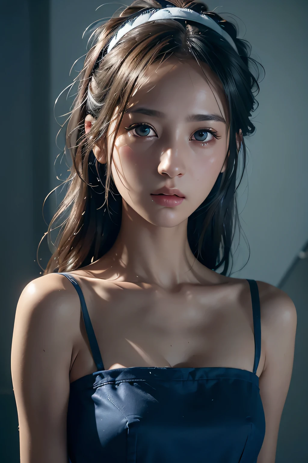 ８ｋ、High resolution、maid clothes fashion、beautiful girl、Android Body、young、white skin,、narrow eyes,high nose,lighting that illuminates the face、clear image、intellectual beauty、skinny、no makeup、anxious look、lighting that illuminates the face,shining hair、single eyelid,blue eyes