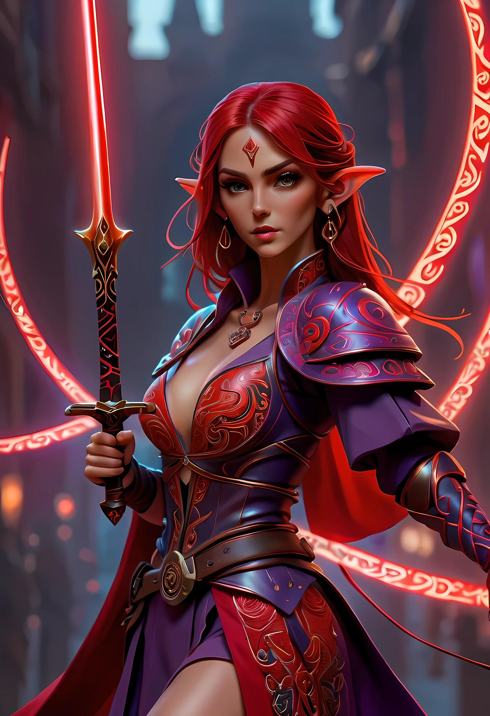 a picture of a female elf (intense details, Masterpiece, best quality: 1.5) fantasy swashbuckler, fantasy fencer, armed with a slim sword, shinning sword, metallic shine, colorful clothes, dynamic clothing, an ultra wide shot, full body (intense details, Masterpiece, best quality: 1.5)epic beautiful female elf (intense details, Masterpiece, best quality: 1.5), rich hair, braided hair, small pointed ears, GlowingRunesAI_red  [colorful magical sigils in the air],[ colorful arcane markings floating] (intricate details, Masterpiece, best quality: 1.6), holding a [sword] (intricate details, Masterpiece, best quality: 1.6) holding a [sword glowing in red light]fantasy urban street (intense details, Masterpiece, best quality: 1.5),  purple cloak, long cloak (intense details, Masterpiece, best quality: 1.5), sense of daring, sense of adventure,  high details, best quality, 8k, [ultra detailed], masterpiece, best quality, (extremely detailed), dynamic angle, ultra wide shot, photorealistic, RAW, fantasy art, dnd art,fantasy art, realistic art,