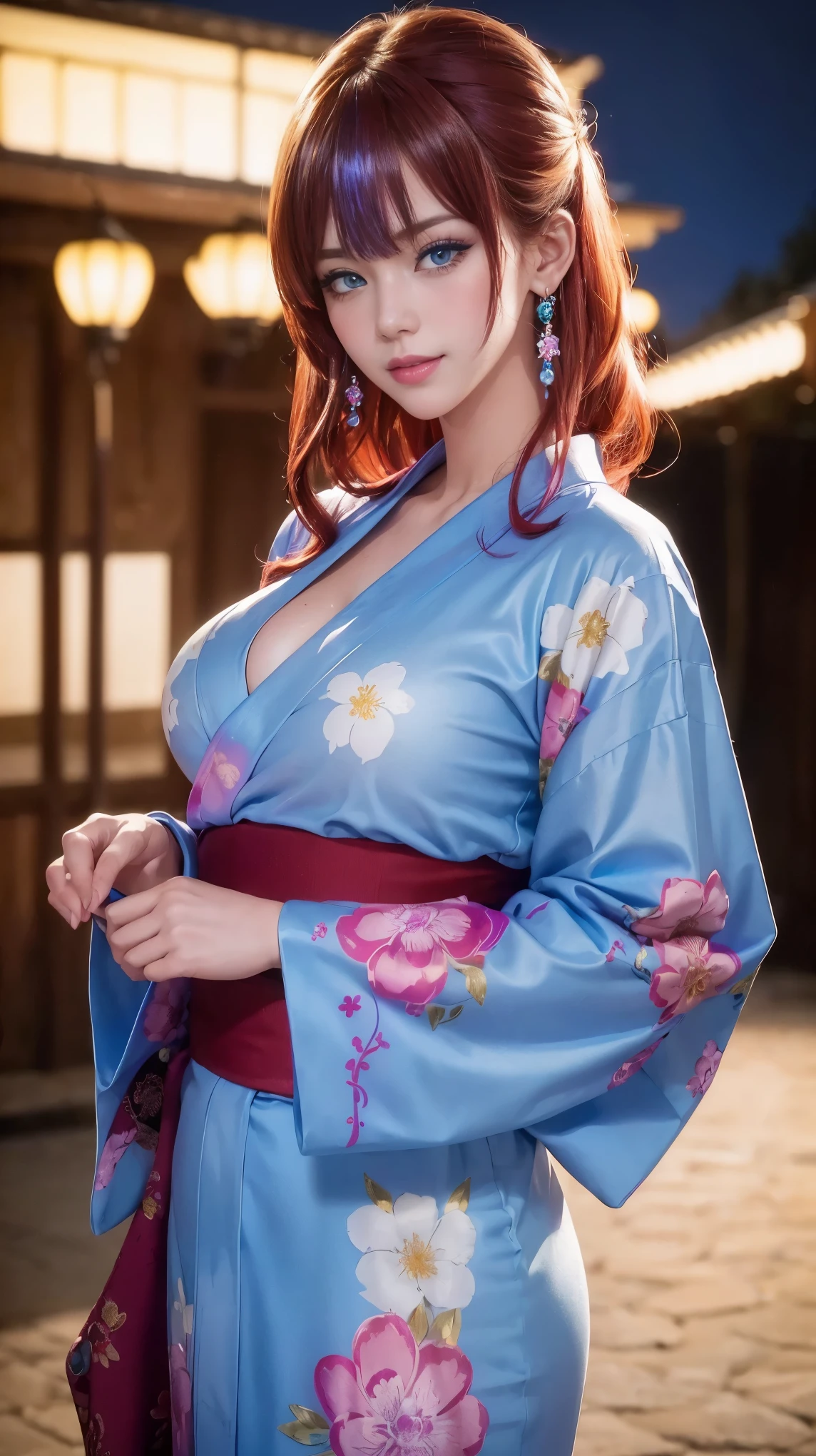 (((highest quality)), (super detailed), 1 girl, (iridescent hair, colorful hair, red hair: 1.2), 17 years old, (sexy yukata: 1.2), outdoor, bangs, smile, sky blue eyes, perfect hands, perfect hands, hand details, corrected fingers. Earrings, Night Store + Background, looking_at_viewer, Top Quality, Rich Detail, Perfect Image Quality, big breasts, slender body, Cowboy Shot, (masterpiece), masterpiece, super detail, high details, highres, 16k