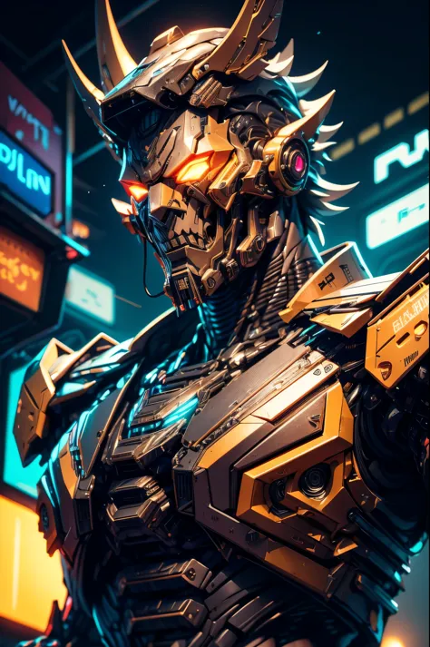 a robot bounty hunter, detailed mechanical parts, holding up, butler outfit, cyberpunk, Setting cyberpunk bar, Neon lighting, hi...