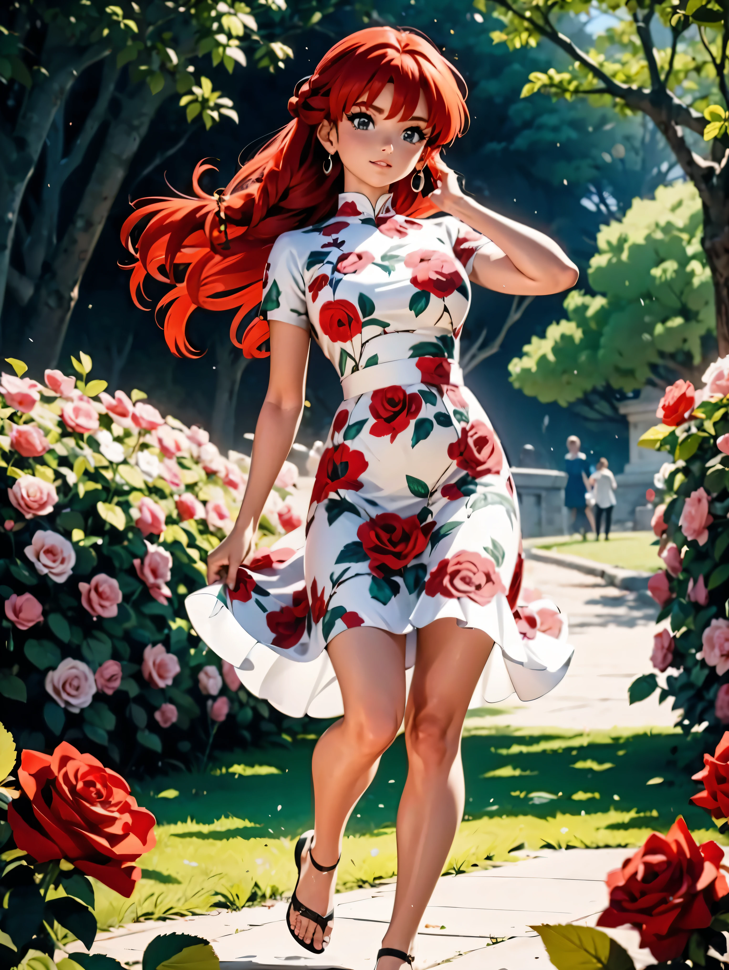 Rothaariges Anime-Mädchen im langen weißen Kleid mit Rosen-Design-Hochzeit, Rock, 16 JAHRE, schöner Körper, vollbusig, mit Händen hinter dem Kopf, mit den Händen durch die Haare fahren, sexy Mädchen, red Haare mit Zopf , schöne Beleuchtung, weiche Schatten, blaue Augen, schöne Beine, Haare mit Zopf, Anime-Stil, Ranma Chan, Autorin Rumiko Takahashi, Basierend auf einem Werk von Rumiko Takahashi, Anime-Ranma 1/ 2, sexy deko, robuste Hüfte, Ganzkörper, Ganzkörper, große Büste, junges Mädchen mit schönem und schönem Körper, Sandalen an den Füßen, kleines junges Mädchen, trägt ein langes weißes Kleid mit Rosenmotiven, Blumenmuster, Kleid mit Blumenkunst aus Rosen, anime Frau, Anime-Stil, schöne Füße in Sandalen, 45° Betrachtungswinkel, draußen, vestido com Blumenmuster rosas, Rosafarbenes Kleid mit Blumenmuster