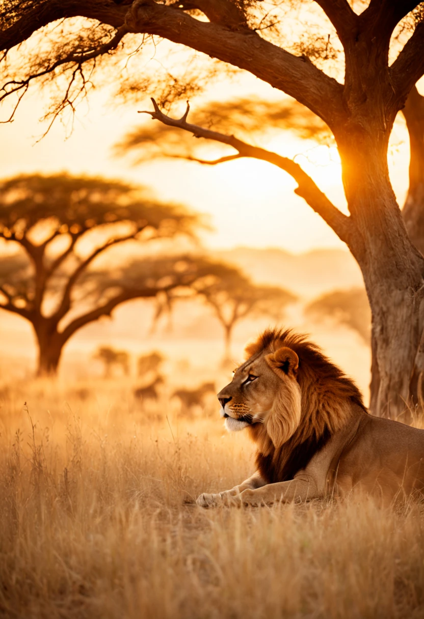 film cinématographique {Un film tourné mettant en scène un moment serein dans un contexte réaliste, savane africaine tentaculaire à l&#39;aube, une troupe de lions se reposant sous un acacia, les couleurs chaudes du lever du soleil baignent la scène, photographié avec un Nikon D3, Distance focale 70 mm} . Faible profondeur de champ, vignette, très détaillé, budget élevé, bokeh, cinémascope, lunatique, épique, magnifique, grain de film, granuleux