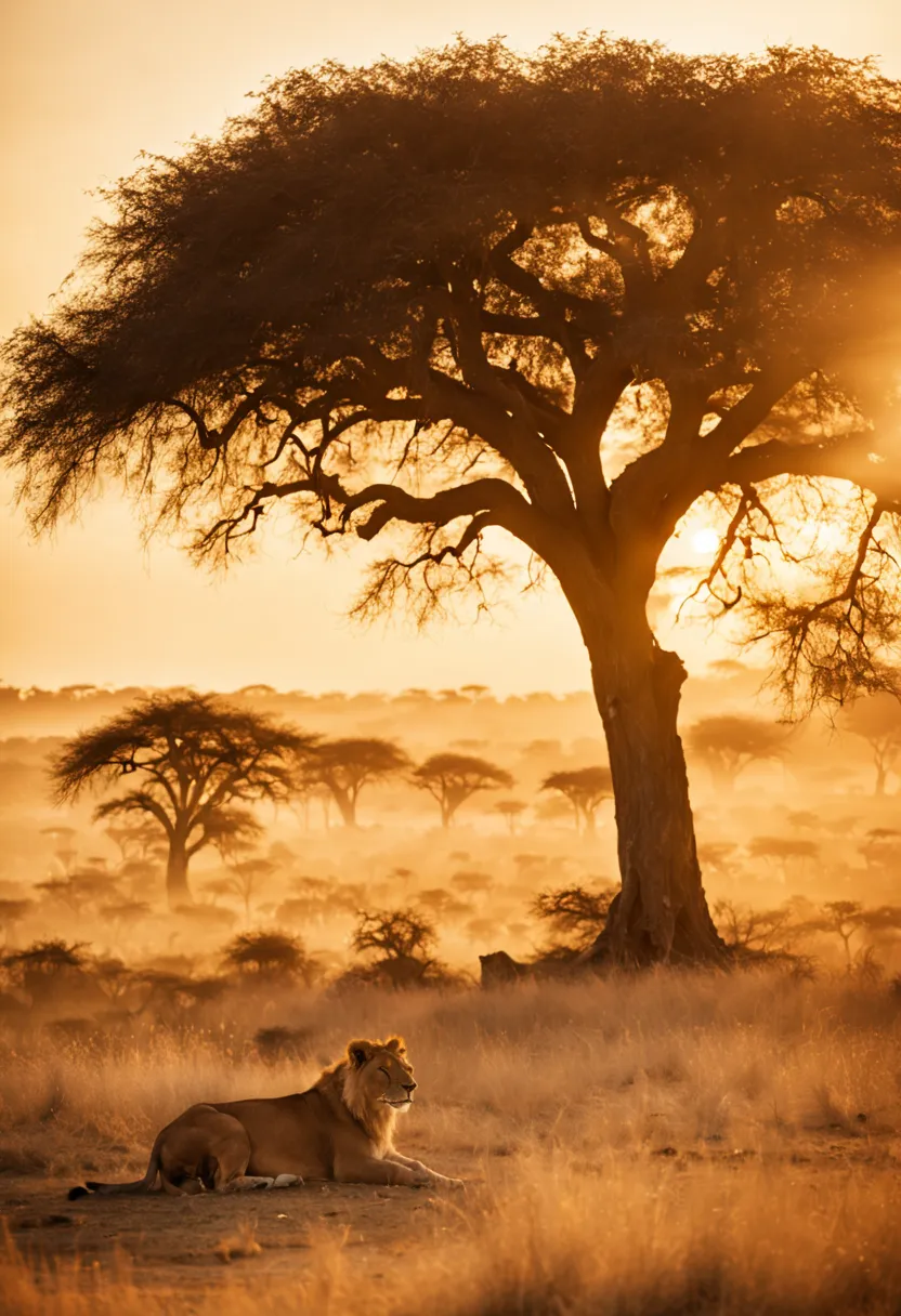 cinematic film still {A film shot featuring a serene moment in a realistic, sprawling African savannah at dawn, a pride of lions...