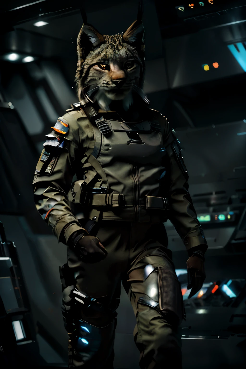 (anthropomorphic lynx 1:1 fighter pilot next to a space fighter), hyper realistic space carrier scene, photo realistic, (lynx in a flight suit), futuristic carrier scene, futuristic space fighter, futuristic space ship scene