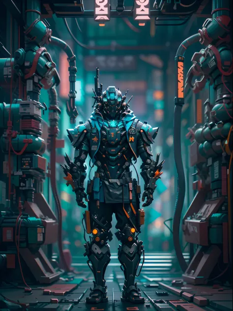 a robot bounty hunter, detailed mechanical parts, holding up, butler outfit, cyberpunk, setting cyberpunk bar, neon lighting, hi...