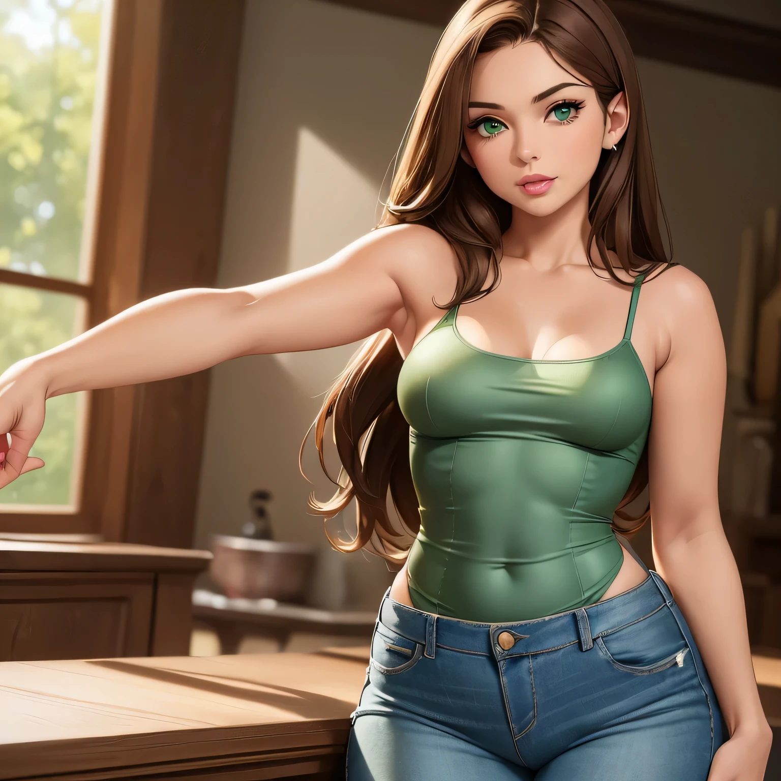 ((Solo)) ((Masterpiece)) ((High Quality)) ((Perfect Face)) ((Small Breasts)) ((Hourglass Figure)) ((Beautiful)) ((Round face)) ((Middle-aged woman)) ((Brown hair)) ((long Hair)) ((Cute Nose)) ((Green Eyes)) ((Light Skin)) ((Camisole)) ((Tight jeans)) ((Full lips))