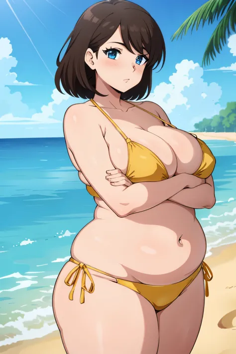 (masterpiece:1.2, best quality:1.2, beautiful:1.1, high quality, 4k:1.1, aesthetic), detailed, extremely detailed, ambient soft lighting, flawless, hires, 1girl, solo, bikini, big breasts, plump, thick thighs, arms at sides, brown hair, blue eyes, beach, c...