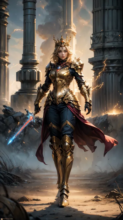 A woman adorned in fantasy-style full-body armor, a crown-concept fully enclosed helmet that unveils only her eyes, a composite ...