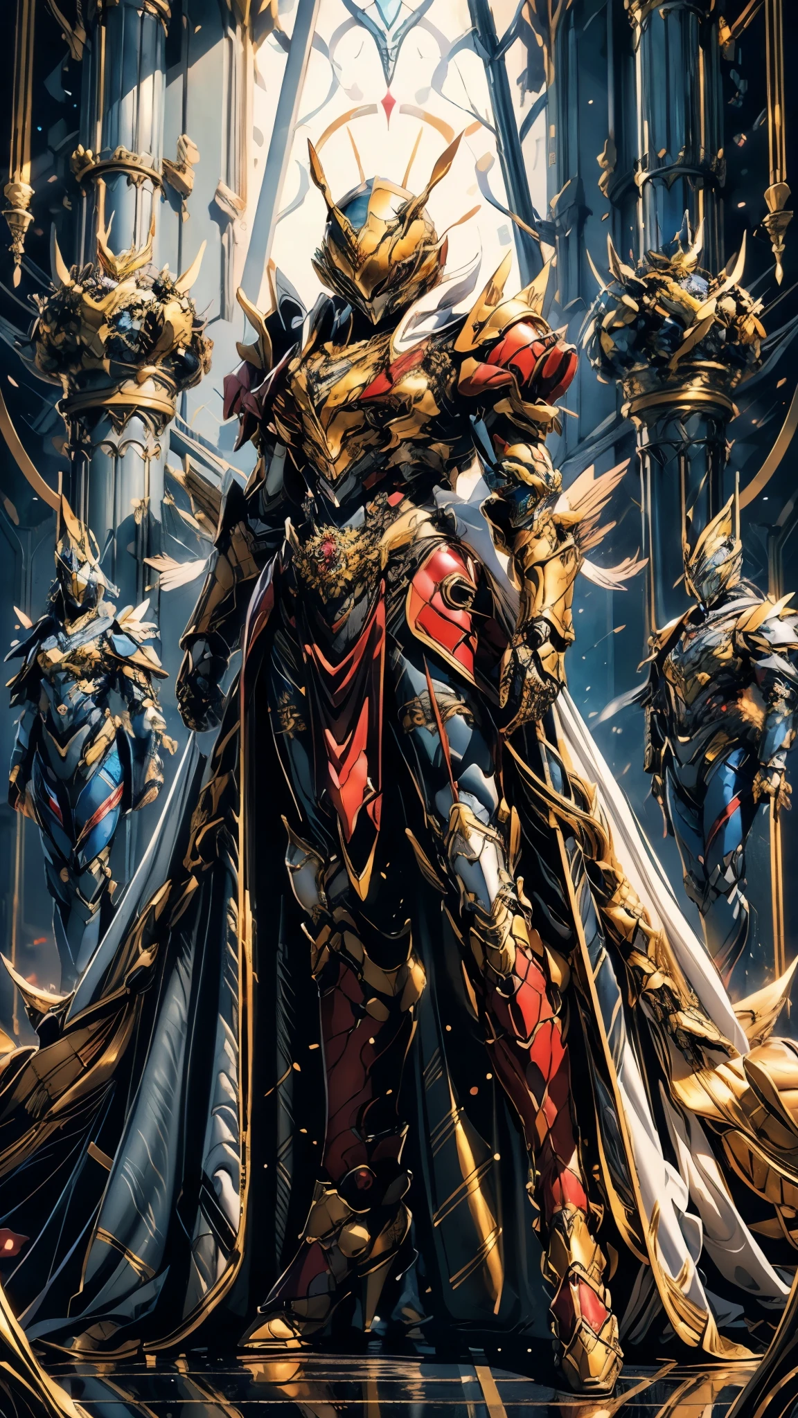 A woman adorned in fantasy-style full-body armor, a crown-concept fully enclosed helmet that unveils only her eyes, a composite layered chest plate, fully encompassing shoulder and hand guards, a lightweight waist armor, form-fitting shin guards, the overall design is heavy-duty yet flexible, ((the armor gleams with a golden glow, complemented by red and blue accents)), exhibiting a noble aura, she floats above a fantasy-surreal high-tech city, this character embodies a finely crafted fantasy-surreal style armored hero in anime style, exquisite and mature manga art style, (mixture of Queen bee and Spider concept Armor, plasma, blood), ((Element, energy, elegant, goddess, femminine:1.5)), metallic, high definition, best quality, highres, ultra-detailed, ultra-fine painting, extremely delicate, professional, anatomically correct, symmetrical face, extremely detailed eyes and face, high quality eyes, creativity, RAW photo, UHD, 32k, Natural light, cinematic lighting, masterpiece-anatomy-perfect, masterpiece:1.5