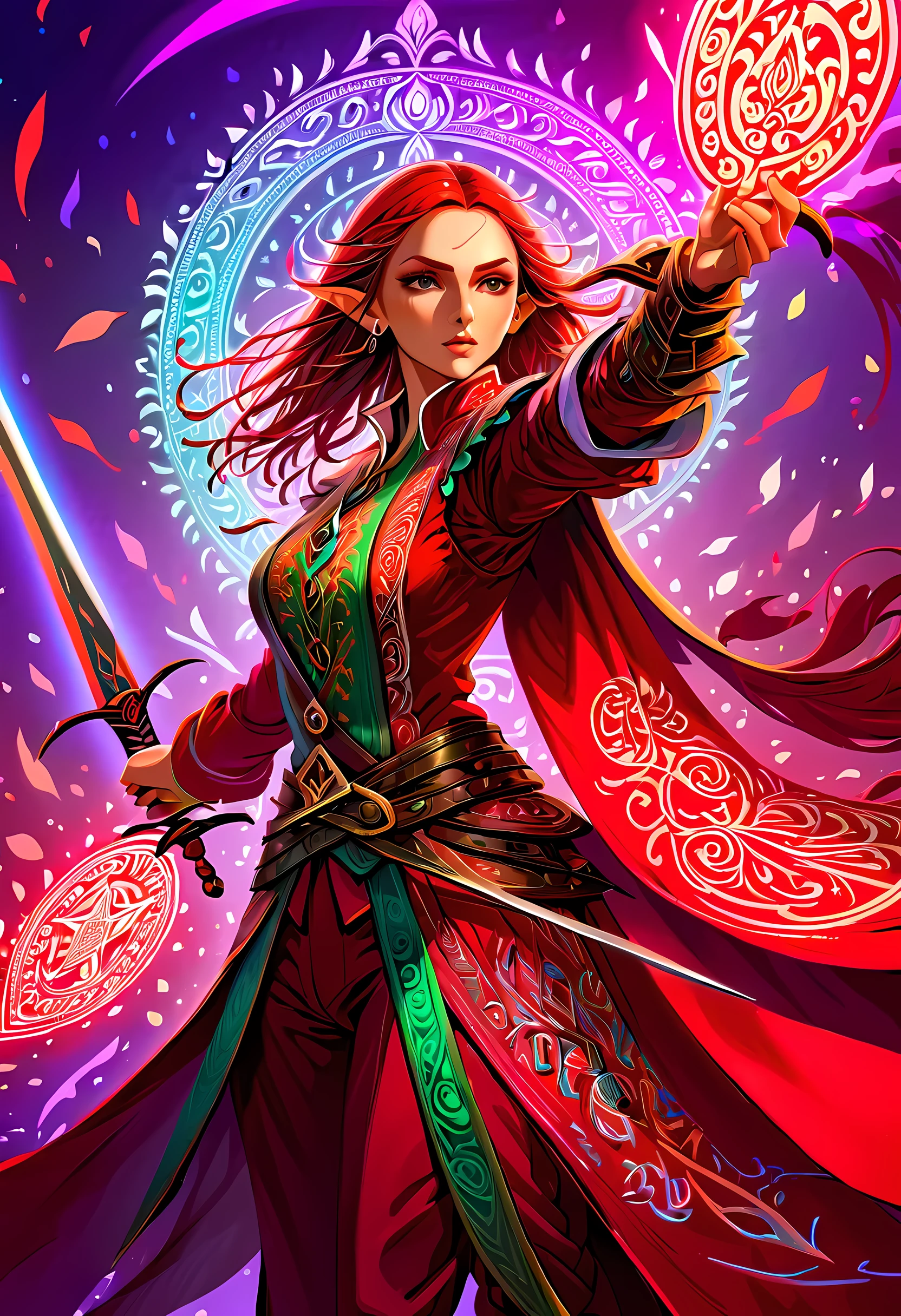 a picture of a female elf (intense details, Masterpiece, best quality: 1.5) fantasy swashbuckler, fantasy fencer, armed with a slim sword, shinning sword, metallic shine, colorful clothes, dynamic clothing, an ultra wide shot, full body (intense details, Masterpiece, best quality: 1.5)epic beautiful female elf (intense details, Masterpiece, best quality: 1.5), rich hair, braided hair, small pointed ears, GlowingRunesAI_red  [colorful magical sigils in the air],[ colorful arcane markings floating] (intricate details, Masterpiece, best quality: 1.6), holding a [sword] (intricate details, Masterpiece, best quality: 1.6) holding a [sword glowing in red light]fantasy urban street (intense details, Masterpiece, best quality: 1.5),  purple cloak, long cloak (intense details, Masterpiece, best quality: 1.5), sense of daring, sense of adventure,  high details, best quality, 8k, [ultra detailed], masterpiece, best quality, (extremely detailed), dynamic angle, ultra wide shot, photorealistic, RAW, fantasy art, dnd art,fantasy art, realistic art,