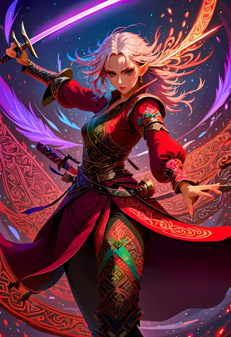 a action shot picture of a female elf (intense details, masterpiece, best quality: 1.5) fantasy swashbuckler, fantasy fencer, ar...