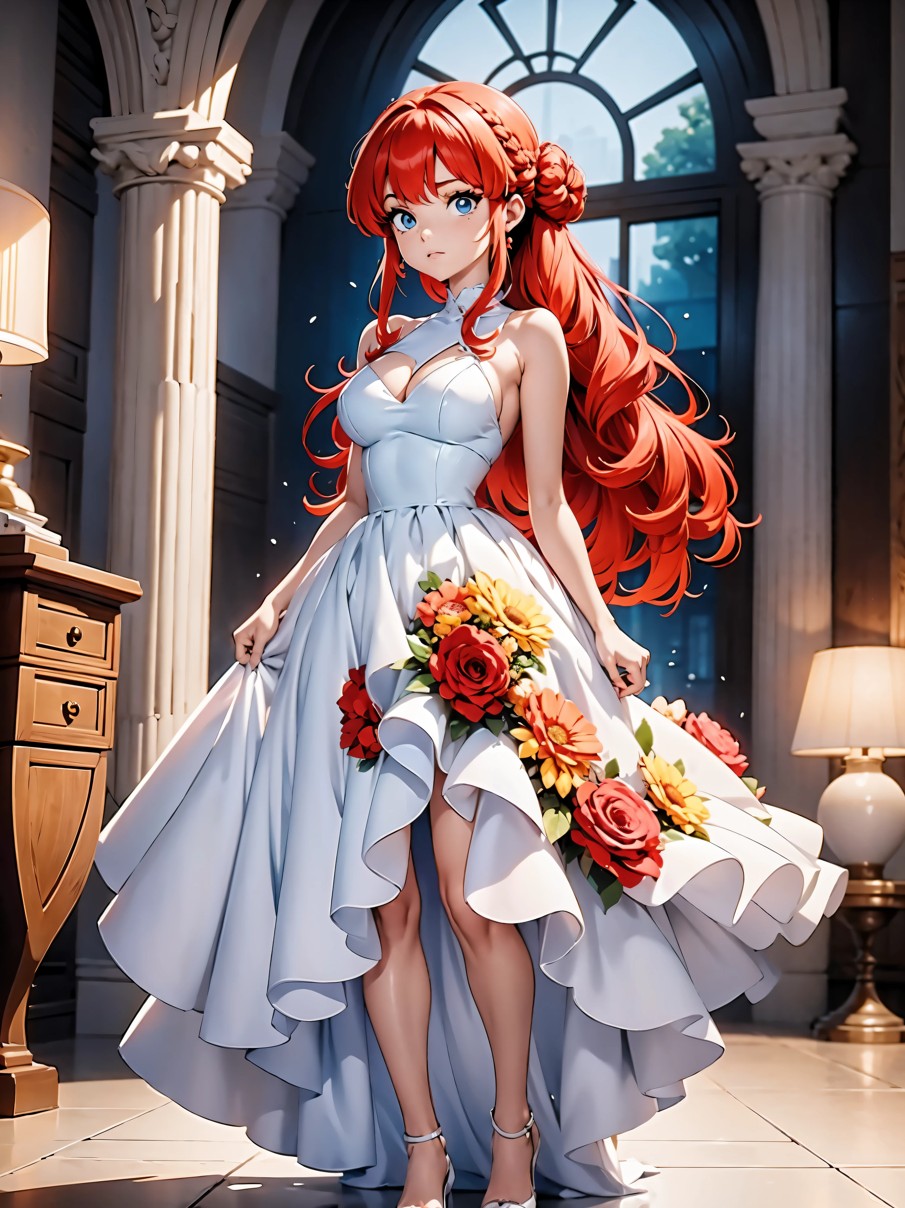 Garota anime ruiva com vestido longo branco com desenho de rosas casamento, saia, 16 anos, corpo bonito, seios grandes, with hands behind head, running your hands through your hair, Garota sexy, red hair with braid , beautiful lighting, sombras suaves, olhos azuis, pernas bonitas, hair with braid, estilo anime, Ranma Chan, Autora Rumiko Takahashi, Baseado em obra de Rumiko Takahashi, Anime Ranma 1/ 2, decote sexy, quadril robusto, corpo inteiro, corpo inteiro, busto grande, garota jovem com corpo belo e bonito, sandals on his feet, garota 16 anos jovem baixa estatura, usando vestido longo branco com desenhos de rosas, estampa florida, vestido com arte florida de rosas, garota anime, estilo anime, beautiful feet in sandals, 45° viewing angle, ao ar livre, vestido com estampa florida rosas, vestido estampado flor rosa