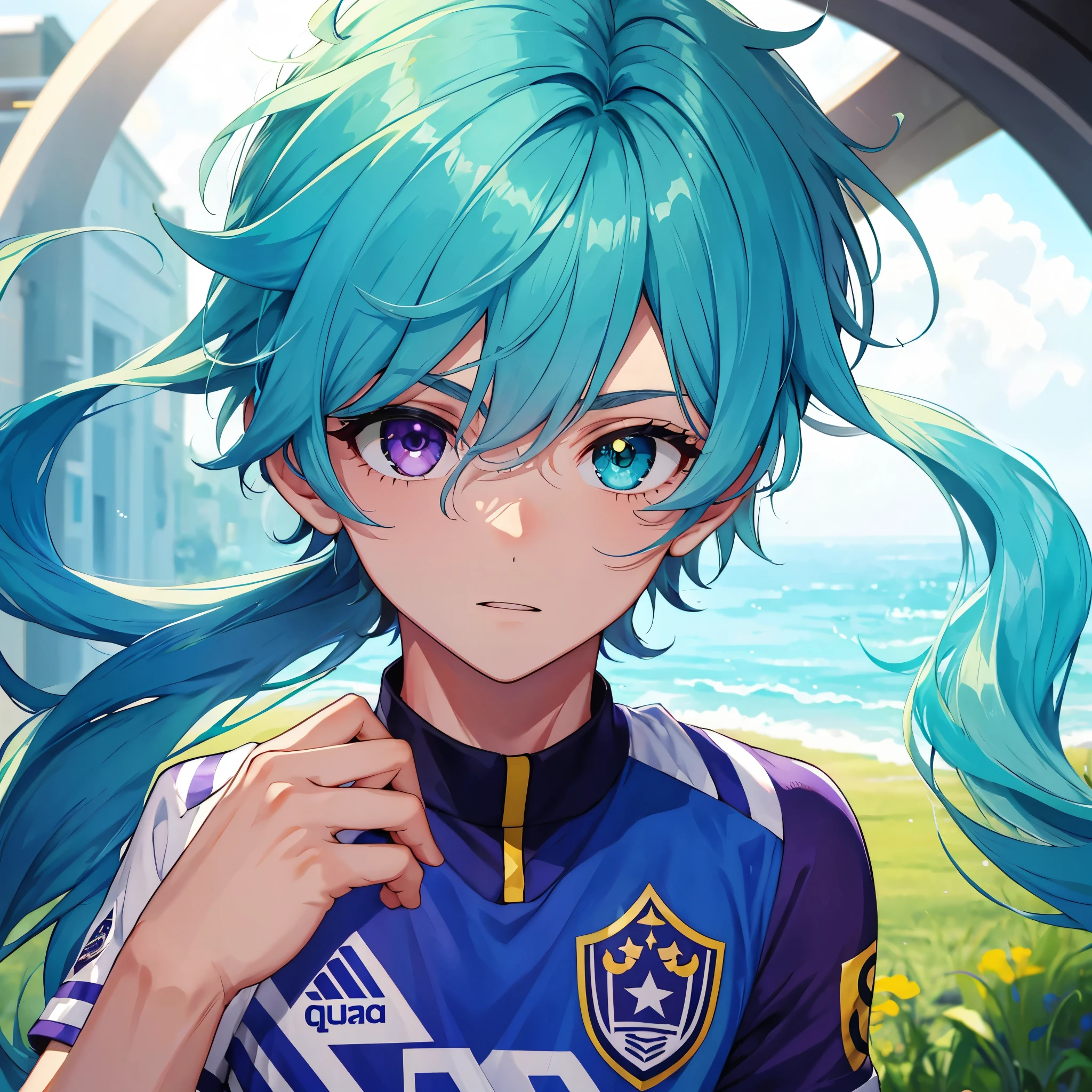 (1boy,masculino,(solo),aquamarine hair),soccer uniform ,heterochromia , one eye green , one eye purple