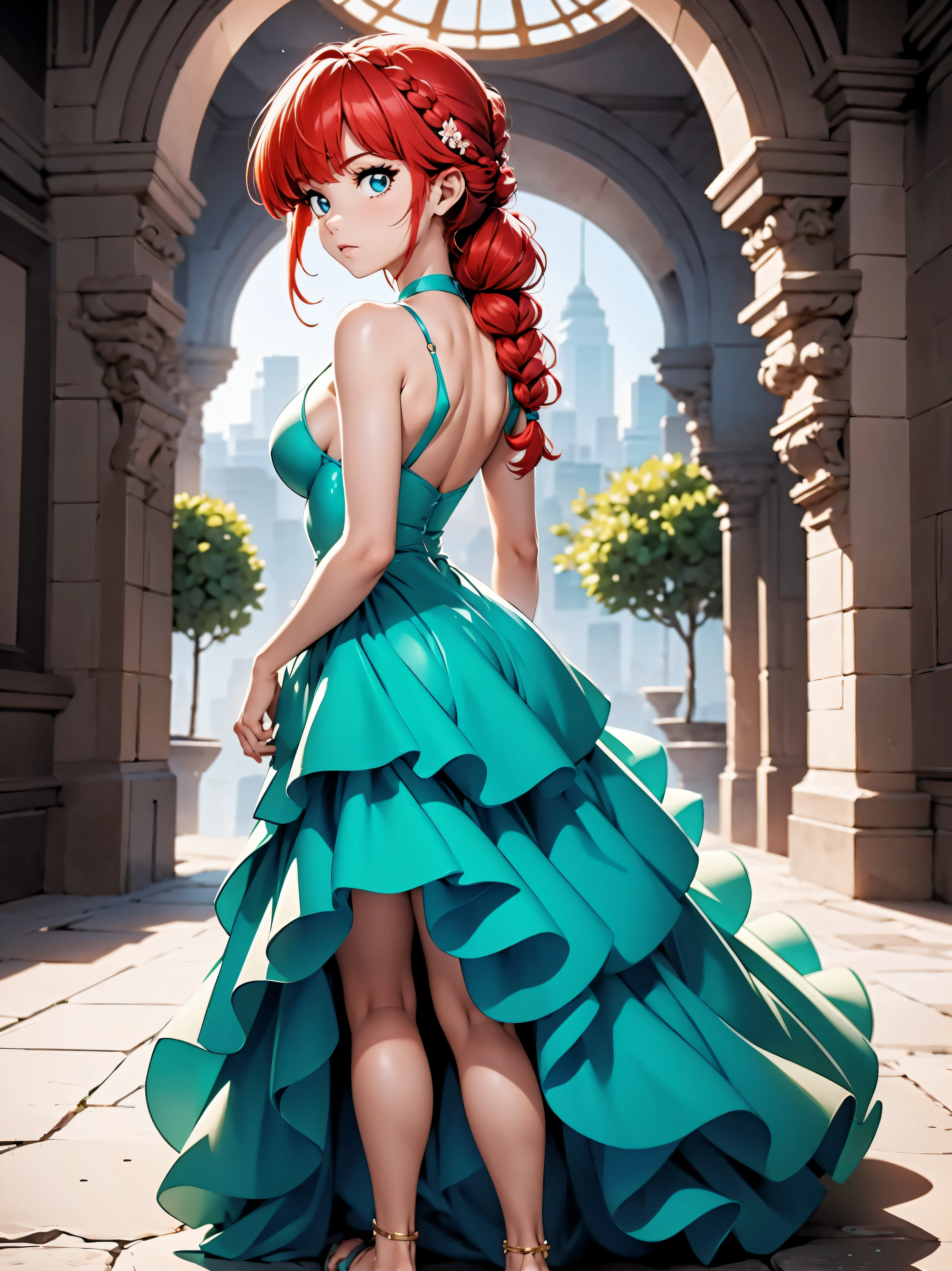 Garota anime ruiva com vestido longo branco com desenho de rosas casamento, saia, 16 anos, corpo bonito, seios grandes, with hands behind head, running your hands through your hair, Garota sexy, red hair with braid , beautiful lighting, sombras suaves, olhos azuis, pernas bonitas, hair with braid, estilo anime, Ranma Chan, Autora Rumiko Takahashi, Baseado em obra de Rumiko Takahashi, Anime Ranma 1/ 2, decote sexy, quadril robusto, corpo inteiro, corpo inteiro, busto grande, garota jovem com corpo belo e bonito, sandals on his feet, garota 16 anos jovem baixa estatura, usando vestido longo branco com desenhos de rosas, estampa florida, vestido com arte florida de rosas, garota anime, estilo anime, beautiful feet in sandals, 45° viewing angle, ao ar livre, vestido com estampa florida rosas, vestido estampado flor rosa