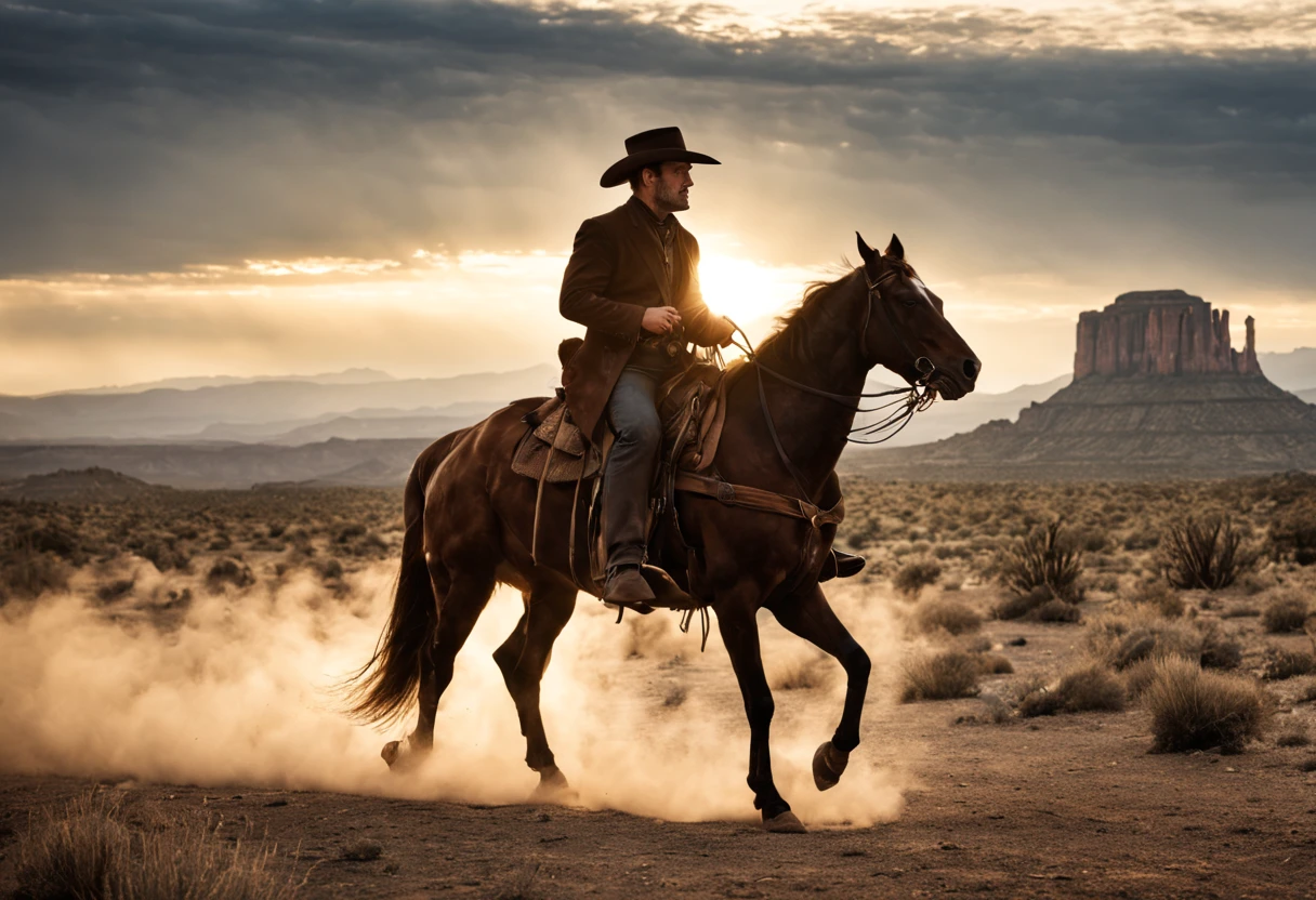 movie director John Ford,(western film shooting: 1.32), a cowboy in the old west, a deserted town, classic western costumes, cowboy hat and boots, dusty atmosphere, sunlight casting long shadows, saddle, revolvers, holsters, horseback riding, sunset silhouette, authentic western accessories and landscapes, cowboys riding into the sunset, cinematic wide angle shots, warm color grading, light flare effects, intricate costume details , spurs, authentic cowboy dialogue, gunfights, classic western soundtrack, movie camera that captures the action, exciting horse. chase scenes, rugged landscapes, mesas and cannons, swirling dust clouds, horse-drawn carriages, authentic Hollywood-style production, values ​​of the history and spirit of the Wild West, cowboy hat with feather, echoes of the Old West, gun trick shots, horseback riding stunts, cool and effortless cowboys, adventurous spirit, tough cowboys, iconic cowboy poses, barrel racing competition, rodeo style action shots, majestic sunrise, authentic saloon interior, wooden doors with bat wings, cowboy silhouette against the setting sun, Cowboy Showdown at Noon fishtail braids, classic western cinematic shots, authenticity and attention to detail in every scene.