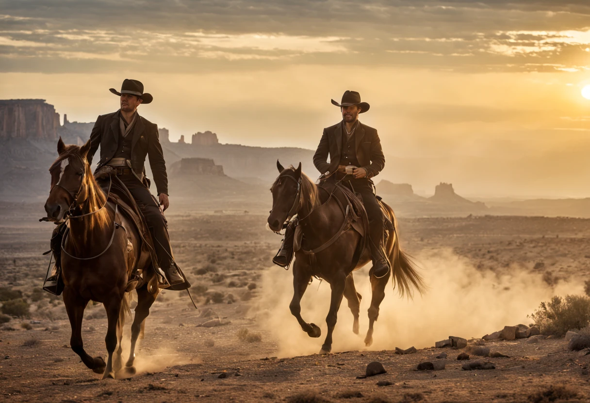 movie director John Ford,(western film shooting: 1.32), a cowboy in the old west, a deserted town, classic western costumes, cowboy hat and boots, dusty atmosphere, sunlight casting long shadows, saddle, revolvers, holsters, horseback riding, sunset silhouette, authentic western accessories and landscapes, cowboys riding into the sunset, cinematic wide angle shots, warm color grading, light flare effects, intricate costume details , spurs, authentic cowboy dialogue, gunfights, classic western soundtrack, movie camera that captures the action, exciting horse. chase scenes, rugged landscapes, mesas and cannons, swirling dust clouds, horse-drawn carriages, authentic Hollywood-style production, values ​​of the history and spirit of the Wild West, cowboy hat with feather, echoes of the Old West, gun trick shots, horseback riding stunts, cool and effortless cowboys, adventurous spirit, tough cowboys, iconic cowboy poses, barrel racing competition, rodeo style action shots, majestic sunrise, authentic saloon interior, wooden doors with bat wings, cowboy silhouette against the setting sun, Cowboy Showdown at Noon fishtail braids, classic western cinematic shots, authenticity and attention to detail in every scene.