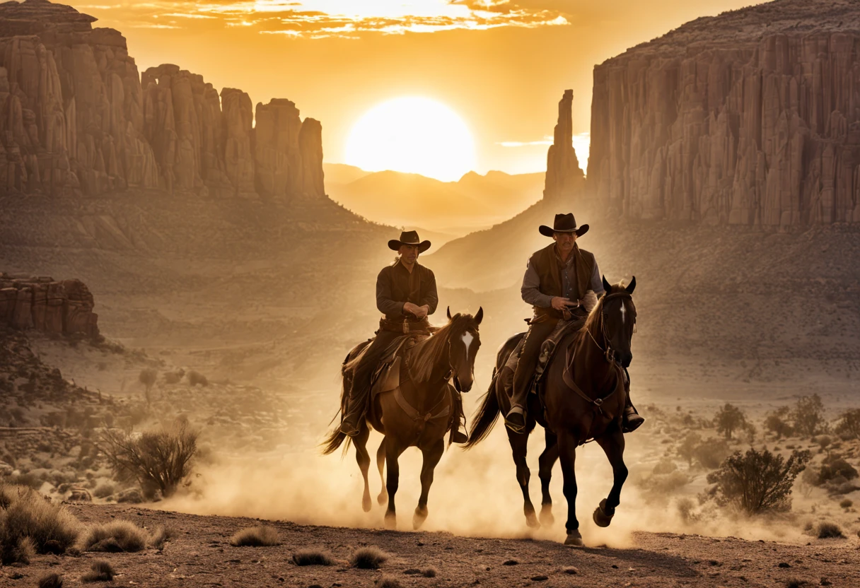 movie director John Ford,(western film shooting: 1.32), a cowboy in the old west, a deserted town, classic western costumes, cowboy hat and boots, dusty atmosphere, sunlight casting long shadows, saddle, revolvers, holsters, horseback riding, sunset silhouette, authentic western accessories and landscapes, cowboys riding into the sunset, cinematic wide angle shots, warm color grading, light flare effects, intricate costume details , spurs, authentic cowboy dialogue, gunfights, classic western soundtrack, movie camera that captures the action, exciting horse. chase scenes, rugged landscapes, mesas and cannons, swirling dust clouds, horse-drawn carriages, authentic Hollywood-style production, values ​​of the history and spirit of the Wild West, cowboy hat with feather, echoes of the Old West, gun trick shots, horseback riding stunts, cool and effortless cowboys, adventurous spirit, tough cowboys, iconic cowboy poses, barrel racing competition, rodeo style action shots, majestic sunrise, authentic saloon interior, wooden doors with bat wings, cowboy silhouette against the setting sun, Cowboy Showdown at Noon fishtail braids, classic western cinematic shots, authenticity and attention to detail in every scene.