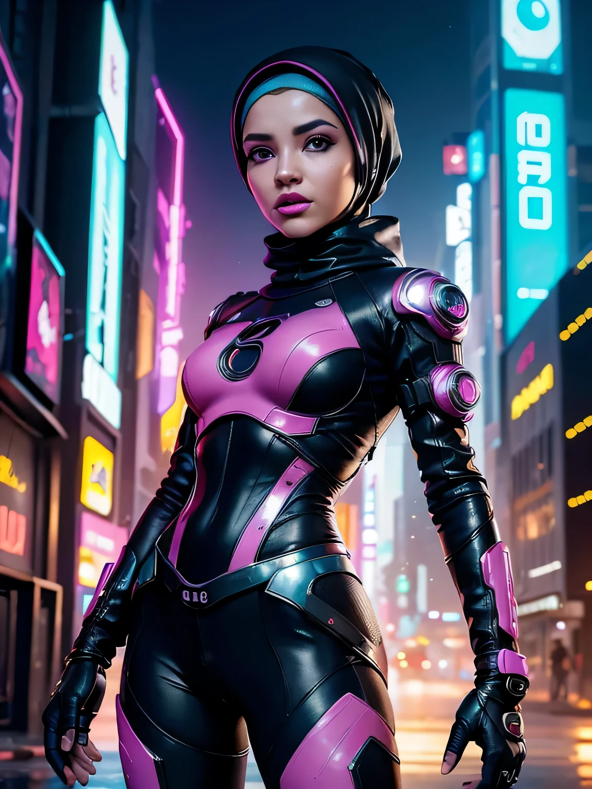 (fotorealistisch:1.4) image of a cyber punk girl in hijab, (Top Qualität, 8K, 32K, Meisterwerk), (dynamische pose), ((Blick in die Kamera)), (in die Kamera schauen), Cowboy-Schuss, formloser Hijab, bunter Hijab, bunte Cyberpunk-Kleidung, Schärfentiefe f/1.8, Cyberpunk-Stadthintergrund, filmische Beleuchtung.