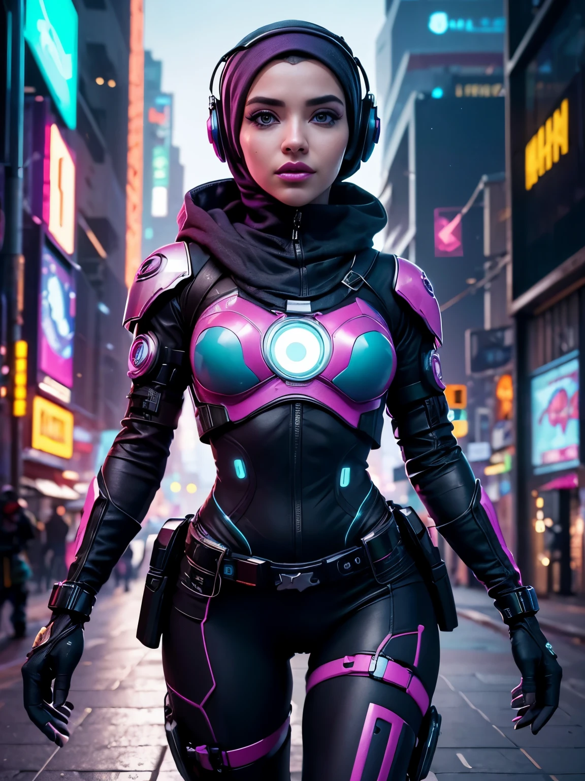 (Fotorrealista:1.4) imagen de una chica cyber punk con hijab, (de primera calidad, 8K, 32k, obra maestra), (pose dinámica), ((frente a la cámara)), (mirando a la cámara), tiro de vaquero, hijab sin forma, Colorido hijab, ropa colorida cyberpunk, Profundidad de campo f/1.8, fondo de la ciudad ciberpunk, iluminación cinematográfica.