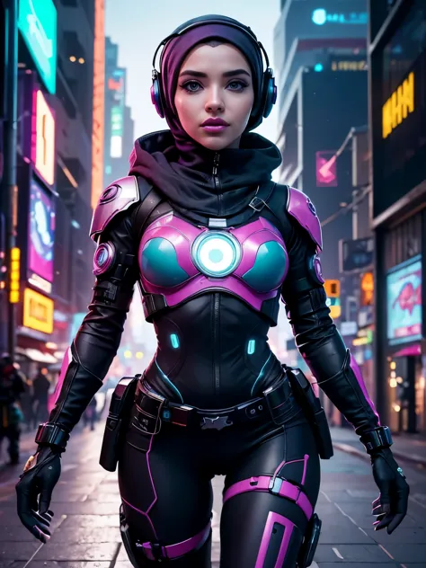 (Photorealistic:1.4) image of a cyber punk girl in hijab, (top-quality, 8K, 32K, masterpiece), (dynamic pose), ((facing camera))...