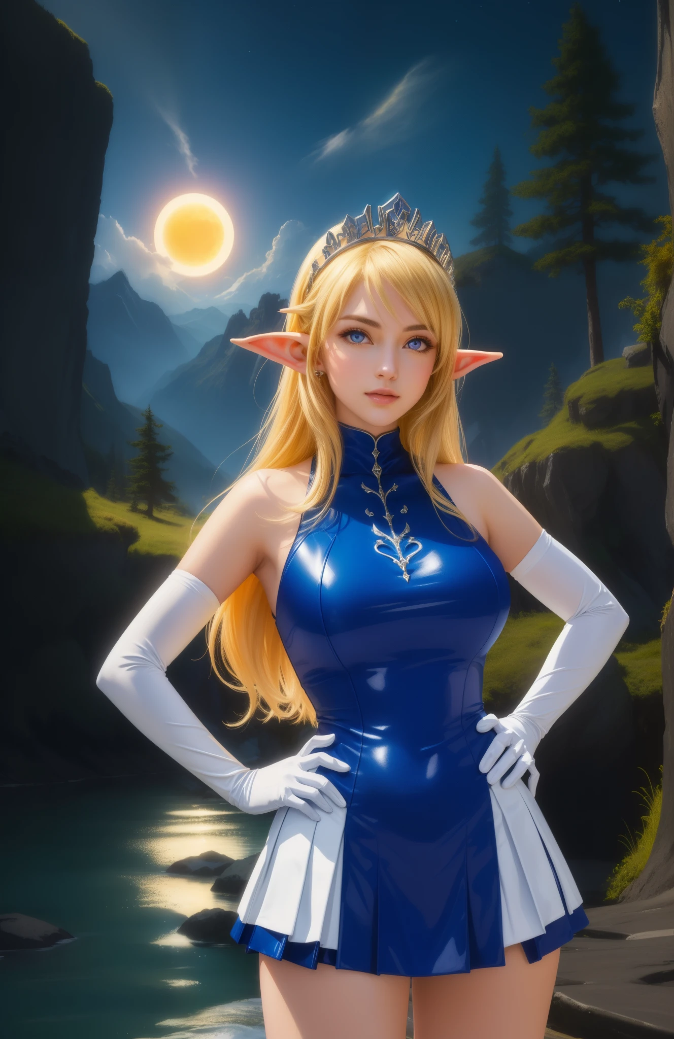 (masterpiece, high quality:1.1), cinematic lighting, extremely detailed, NinaAslato, 1girl, elf, solo, standing, hands on hips, cowboy shot, looking at viewer, determined, teeth, pointy ears,  blonde hair, long hair, purple eyes, jewelry, tiara, blue turtleneck leotard, miniskirt, elbow gloves, huge breasts, curvy, fantasy, hills, river, outdoors, sun, complex background