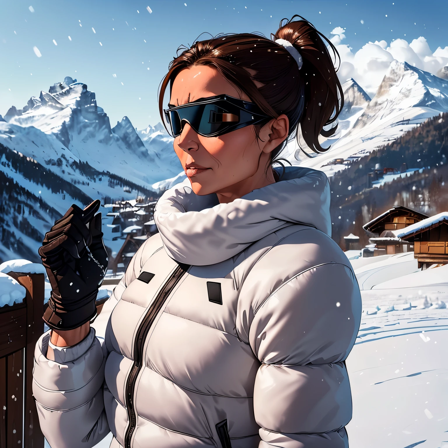 1girl solo focus, 40 years old mature woman, (Ponytail hair, brown hair color), (wearing winter outfit, googles, gloves :1.3), buff muscular physique:1.3, (flat chest:1.3), 16K, HD, ultra quality image, extremely detailed, ultra quality eyes, mediums shots, (outside Ski Resort), ski, (snowy alps background:1.3)