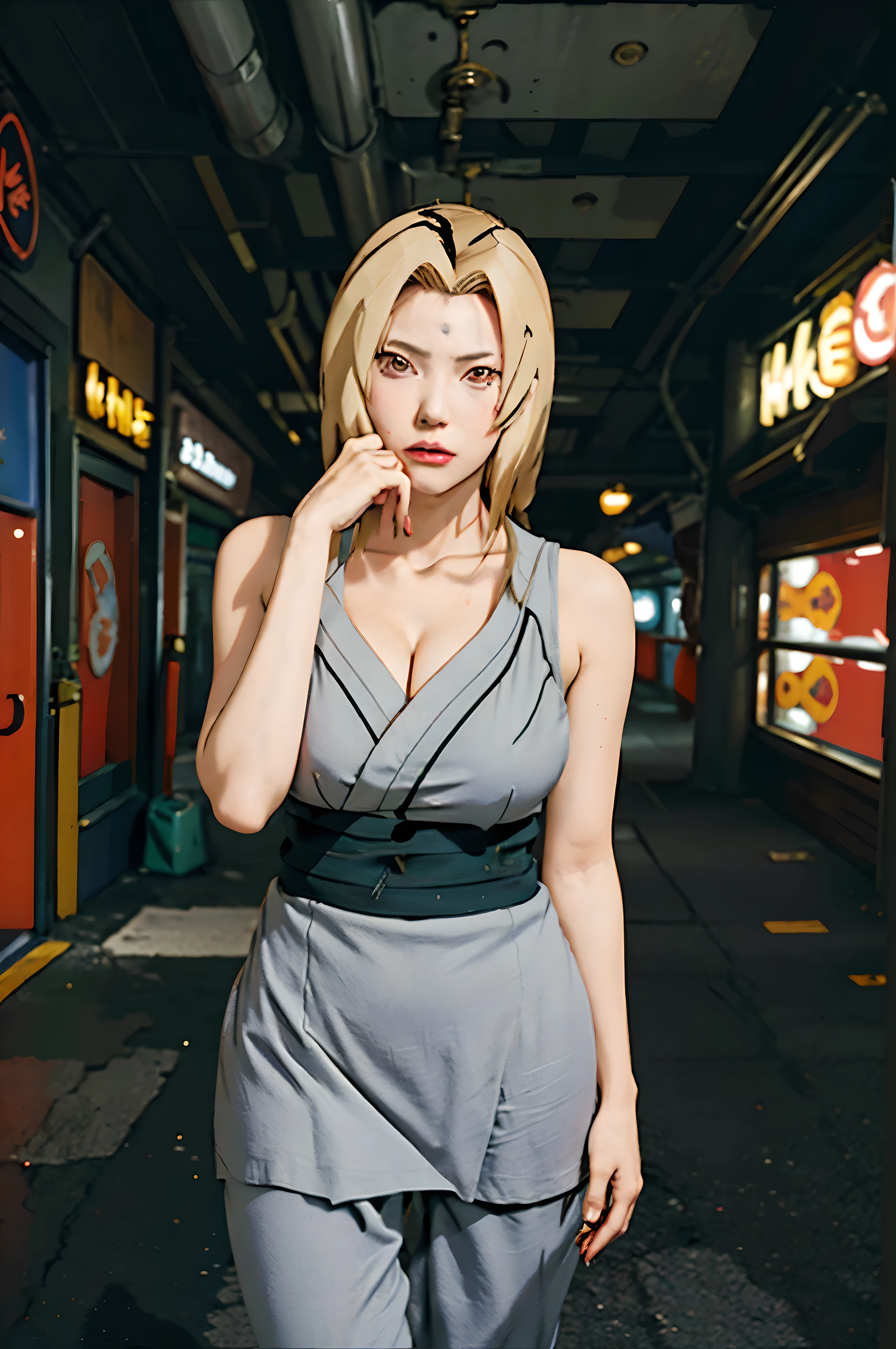 Best quality, masterpiece, ultra high res, (photorealistic:1.4), blond woman in a gray dress, black pants, and kungfu shoes standing in a city street, tsunade from naruto, posing in neo - tokyo futuristic, yayoi kasuma, inspired by Tadanori Yokoo, in neo tokyo, kunoichi, mid shot portrait, japanese woman, big curvy breast, cleavage