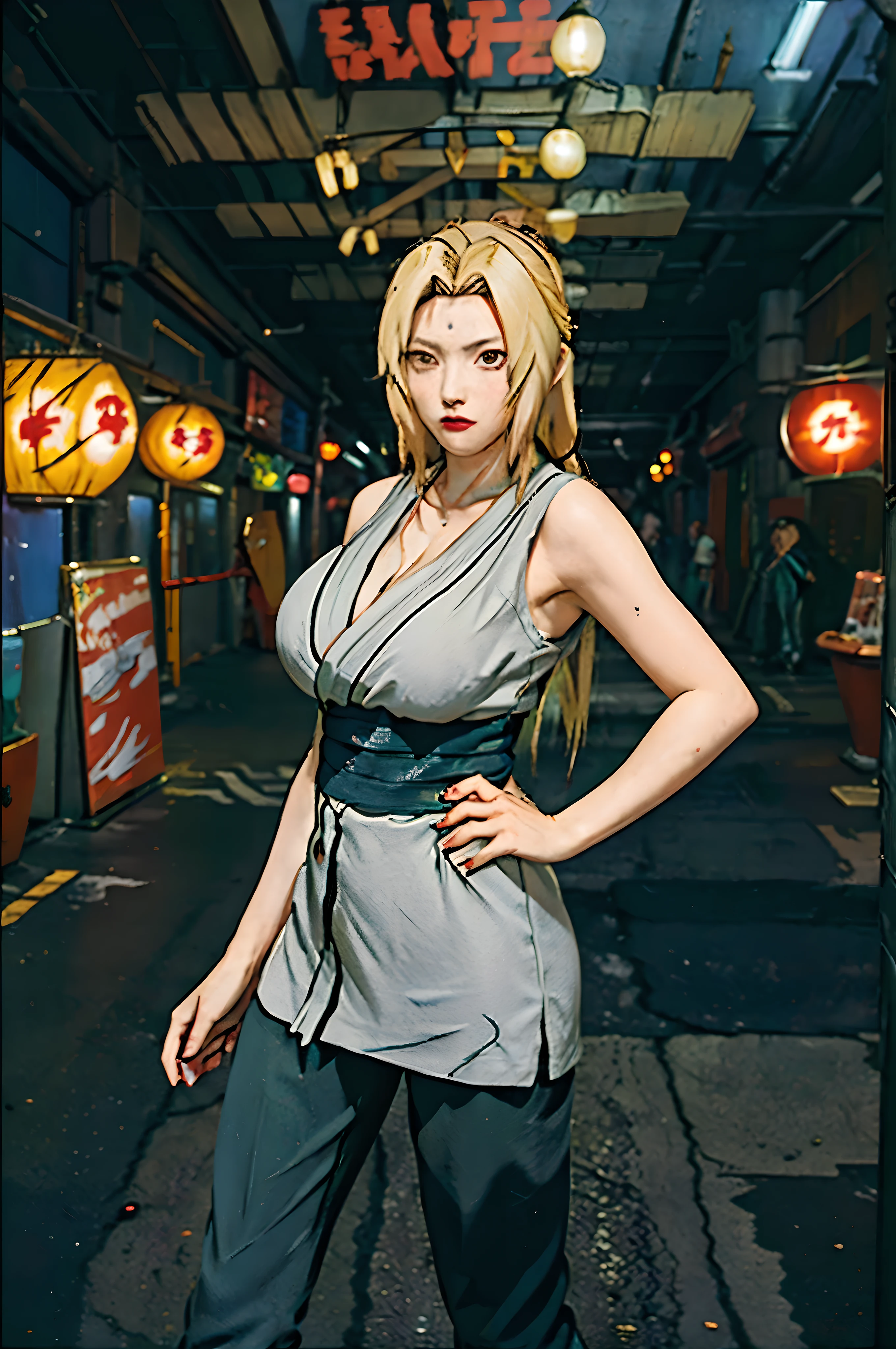 melhor qualidade, obra de arte, resolução ultra alta, (fotorrealista:1.4), mulher loira em um vestido cinza, calças pretas, e sapatos de kungfu parados em uma rua da cidade, Tsunade de Naruto, Posando em Neo - Tokyo Futuristic, Yaoi Kasuma, inspirado em Tadanori Yokoo, em neo Tóquio, KUNOICHI, retrato no meio da cena, mulher japonesa, peito grande e cheio de curvas, decote